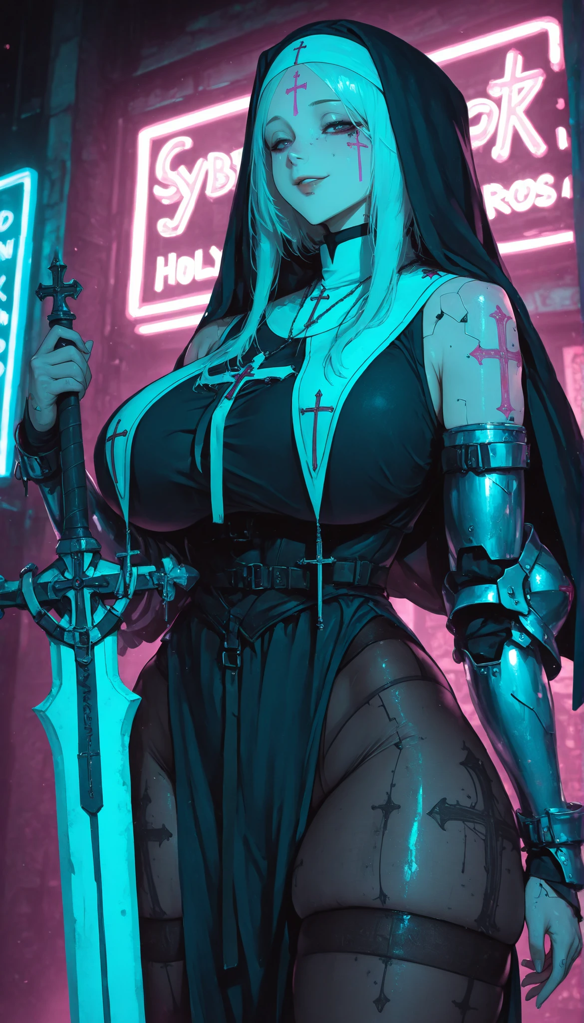 Gothic horror, psychological horror, occult. A dark and eerie room, reminiscent of medieval Gothic architecture. Walls of unknown material glow in the faint light. From every angle, thousands of jagged pyramidal spikes jut out IA swarm of metal spikes seems to be rising from the darkness and attacking. A bewitching and voluptuous MILF nun stands upright amid the twisted metal, hands clenched in a show of devotion to the occult, and the air is heavy with the smell of decay and incense. , The smile of a loving mother on her unparalleled beauty evokes religious solemnity and the pleasure of sharp sadism., ((, masterpiece, incredibly absurd resolution, absolutely resolution, ultra high resolution, Mature Female, MILF, professional, vivid colors, perfect anatomy, ideal facial features, ideally proportioned figure, perfectly beautiful body, super detailed skin, glossy skin, glistening skin, bust shot, soft and curvy, body conscious, collarbone, cleavage, saggy huge breasts, evil seductive smile)), straight-on, Core shadow, perspective, look up, looking down, Her left and right hands each held a sharp picking hook and a rough pliers for torture.