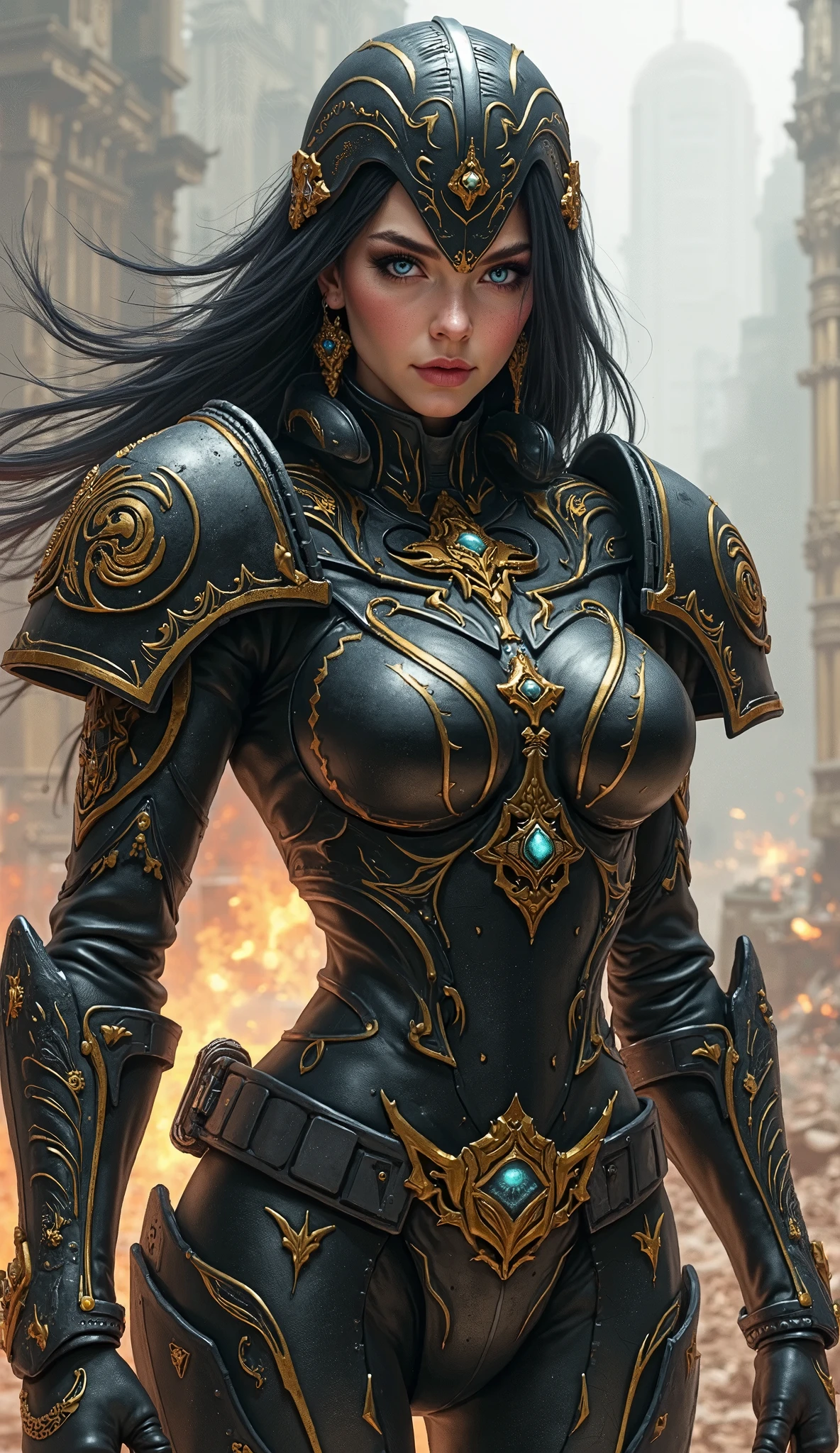 (masterpiece), best quality, expressive eyes, perfect face, detailed eyes, dark fantasy, Margot, dystopian world, dystopian warrior, cleavage, black and gold  outfit, massive snoopy breast, badass woman, sensual , closeup portrait,