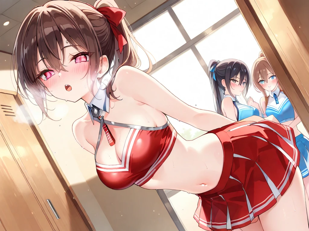 masterpiece, best quality, highly detailed, ultra high res, ayase arisa, 3girls, (mutiple girls), hair ornament, twintails, curly hair, side ponytail, glossy lips, cheerleader, pink thigh highs, looking at viewer, school field, medium breasts, halter top, show off breasts, nipple, exposing tits, exposing vagina, NFSW, lewd, erotic