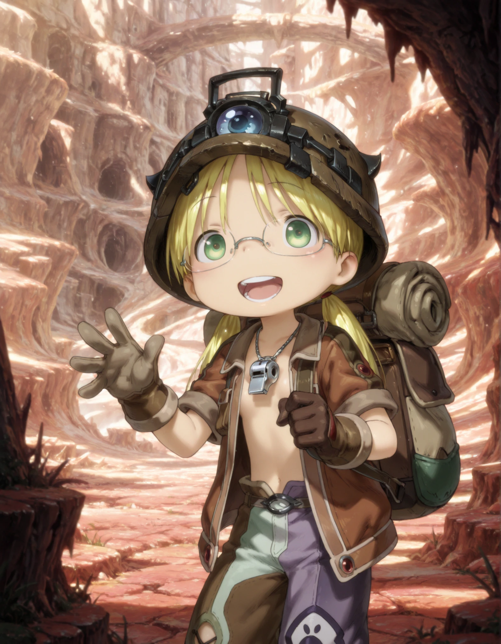 masterpiece, best quality, very aesthetic,, made in abyss,, anime, Perfect Hands, perfecteyes, BREAK
1girl, solo, mabyss, scenery, thirdlayer, riko \(made in abyss\), blonde hair, green eyes, glasses, low twintails, gloves, jacket, short sleeves, :d, open clothes, teeth, pants, bag, open jacket, backpack, helmet, , brown gloves, brown jacket, waving, female , whistle, whistle around neck, looking at viewer, brown helmet,