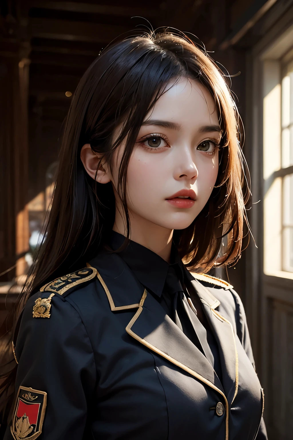 (masterpiece:1.2, Highest Quality), 1 woman, night, solo, photoRealistic, science fiction film, science fiction, science fiction, war, upper body, small breasts, Focus on the face, Realistic, pastel painting, Powerful, intellectual, sensual, detailed eyes (Intimidating looks, brown eyes) Exquisite, long black hair, best CG , (wearing German red 2 world war general uniform), military, Area Force, Army Greatness ,