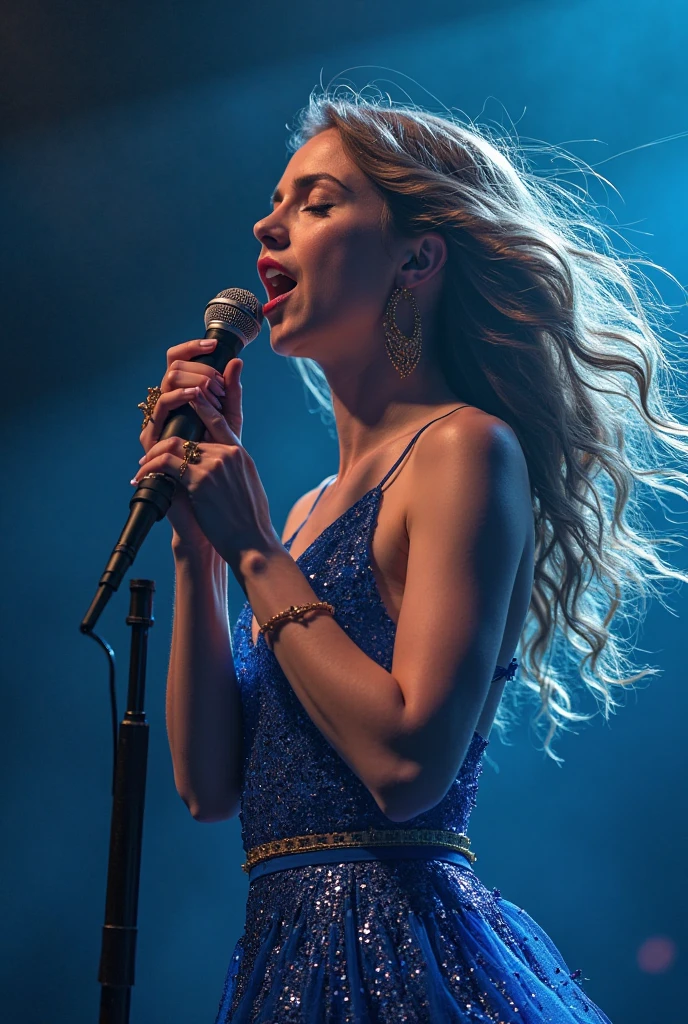 a beautiful blonde singing, ultra-realistic, 48k),oil painting,soft lighting,vivid colors,close-up of face,flowing long hair,sentimental expression,creative hairstyles,microphone in her hand,dramatic stage lighting,subtle makeup detail,sparkling earrings,blurred background of cheering audience,hint of stage smoke and fog,bright stage spotlight,emotive performance,captivating presence,glowing stage atmosphere,vocal cords under tension,emotionally charged lyrics,gorgeous evening gown,expressive hand gestures,rich textures in the dress,eye-catching accessories,grandiose stage setup,subtle shadows on face,intricate facial features