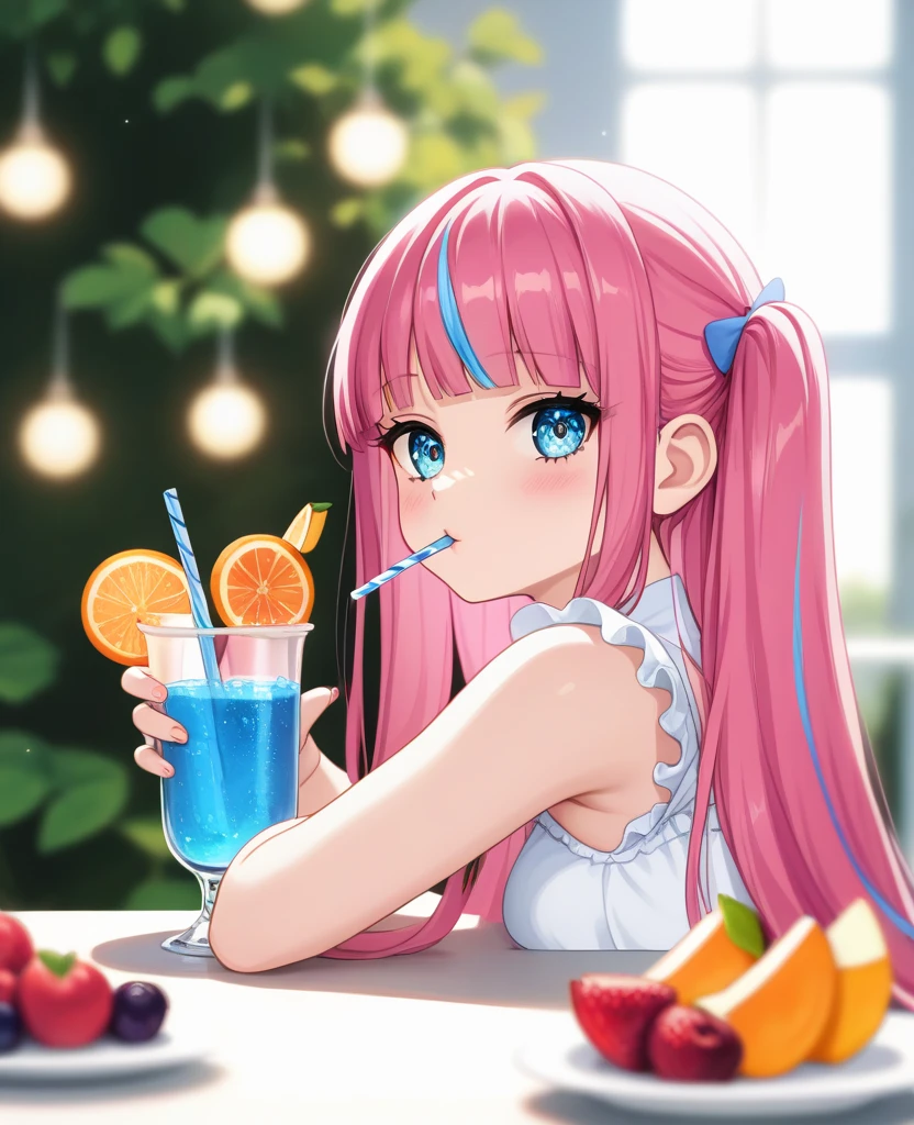 8K, (ultra - detailed), teens girl，quadratic element，Pink hair，Wearing white silk，wears glasses，swimming uniform，比基尼，D-cups，Bigchest，self-expression，sitted，Drinking a juice，High ponytail，ssmile，best qualtiy，cat ear，Pink swimsuit，Pink panties，Bigchest，D-cups，(A masterpiece)，((high qulity))，((tmasterpiece))，White skin，