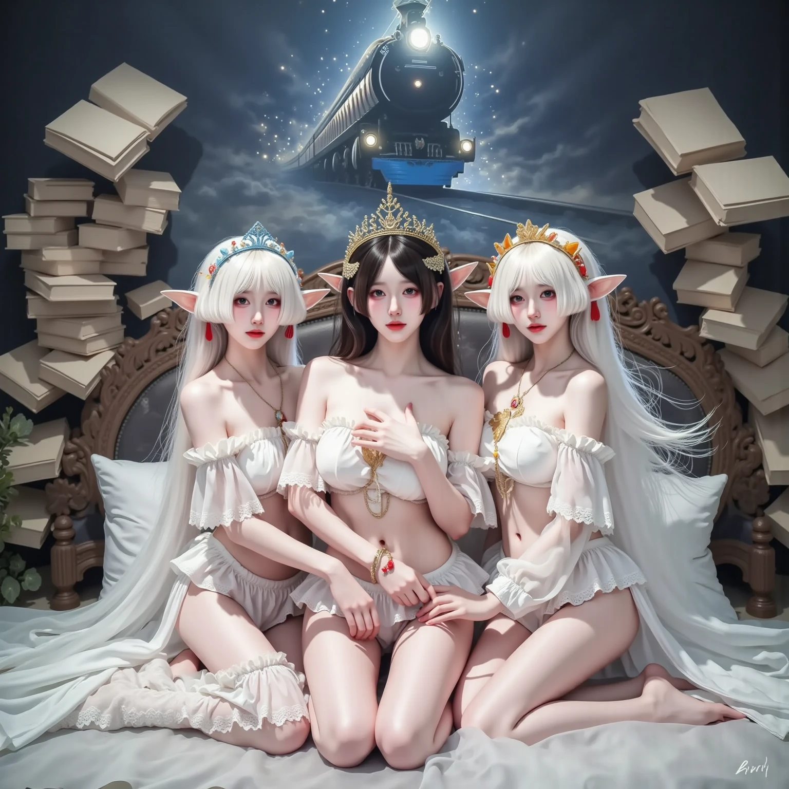 Transparent hair、hime-cut、Golden Eyes、eye glasses、ssmile、Sisters in their early teens、flat chest、Thin pubic hair、Beautiful open legs、Jersey