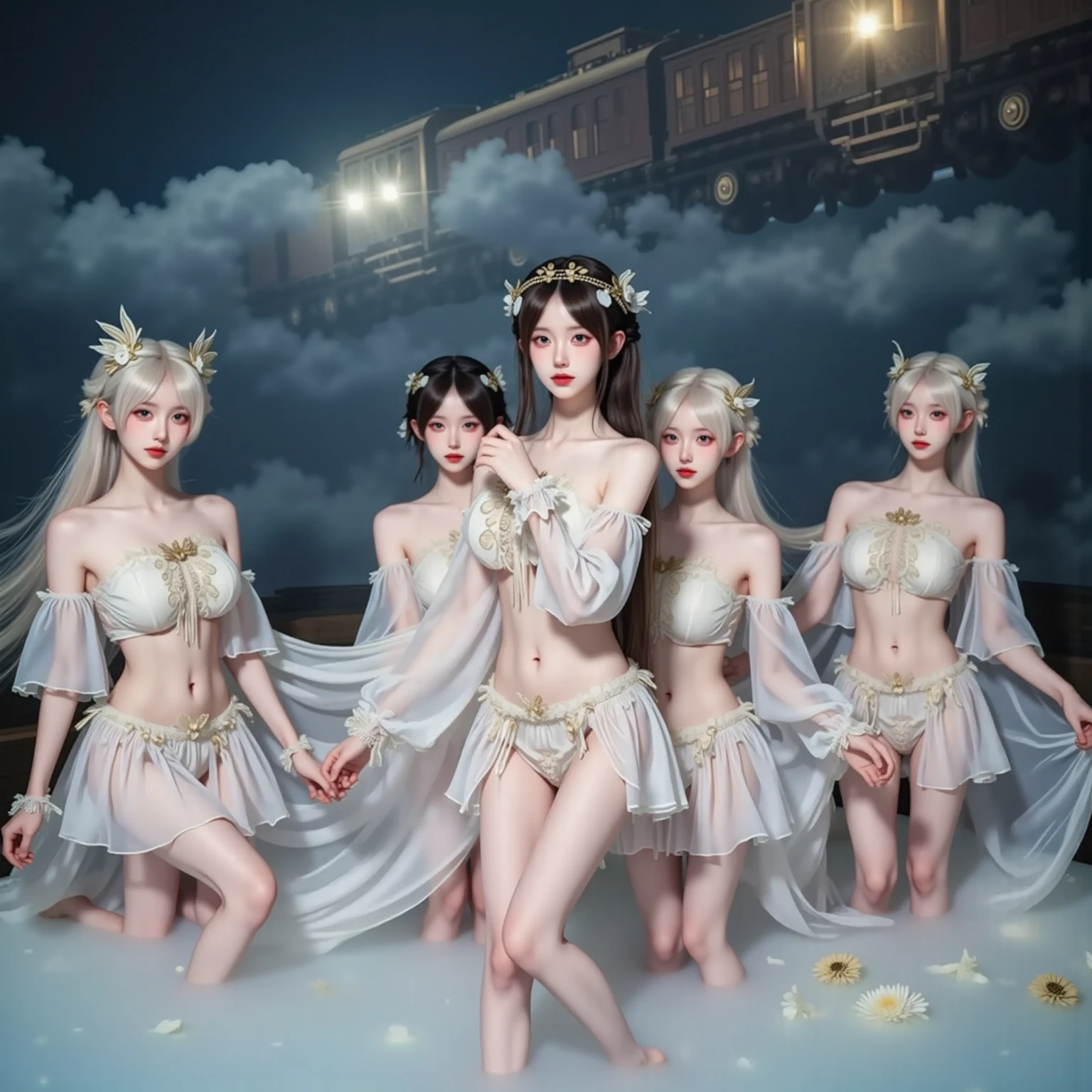 (White and vivid colors), (9 sexy junior idols in row), ((face variations, Hair variations)), { Navel | Ass }, portrayed in the best quality and high resolution. The image should be ultra-detailed, realistic, and photorealistic with a touch of rawness. The lighting should be emphasized to bring out the details of the face. The medium can be a combination of photography and concept art. The color tone should be vibrant and vivid, enhancing the overall visual impact. (Whole Body proportions and all limbs are anatomically accurate) .