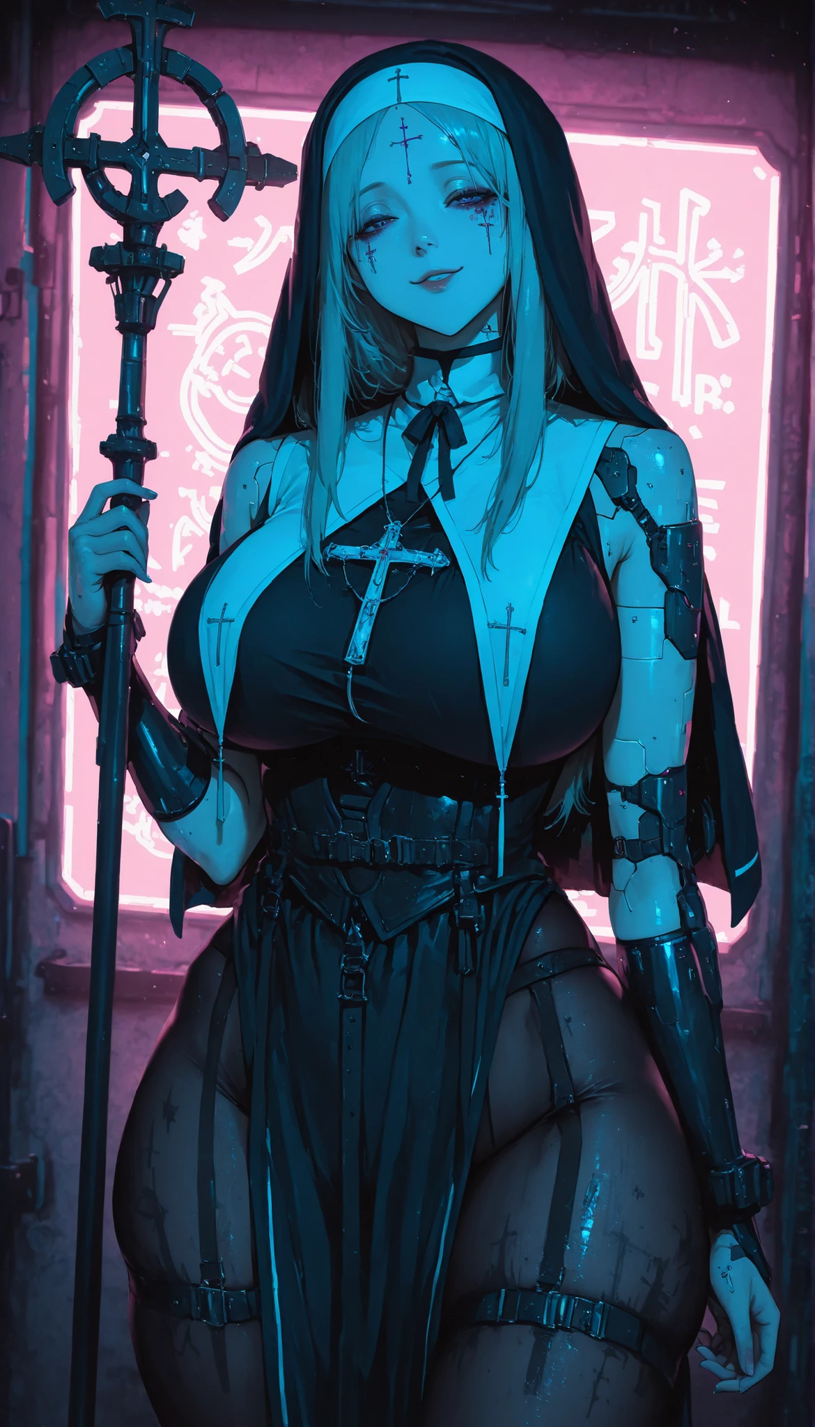 (in style of John Bauer:1.1),in style of Santiago Caruso,in style of Blek le Rat,
1girl,n.u.n.s.,(huge spiked mechanic halo in the background:1.4),nun veil,gothic style,(hands holding a huge steel cross :1.4),colorful illustration,thong leotard,(x-belt:1.4),