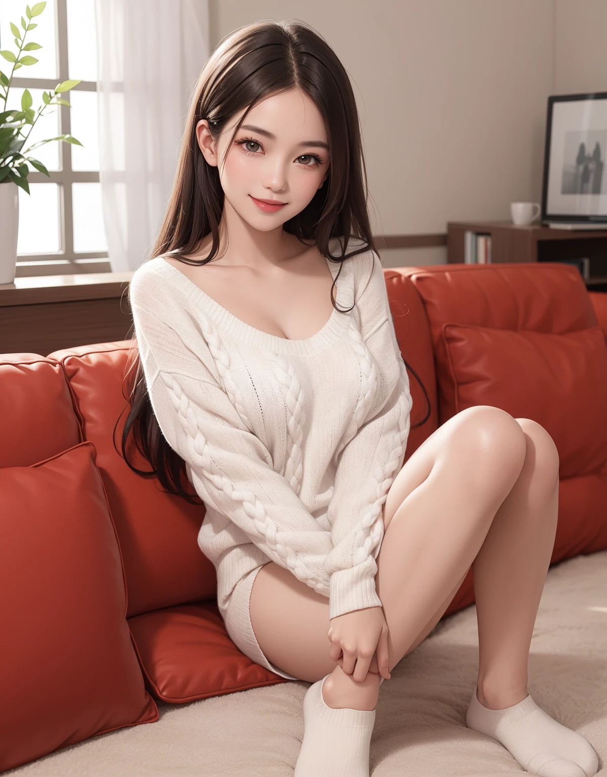 Winters,snow scene,Beautiful teenage girl,lace up pantyhose,random color,long sweater,scarf,depth of field,real light,sitting on sofa, silver shining highheels, hands behind head,Ray tracing,Overclocked renderer,UE5 renderer,surreal,best quality,8k,masterpiece,Super fine,detailed,correct anatomy,huge ,huge breasts,Show breasts,Show breasts,exposing her chest,huge breasts,Show breasts,Show breasts,exposing her chest,huge breasts,legs spread,open legs,Mshaped legs,show her pussy,pussy exposed,see pussy through panties,cameltoe pussy