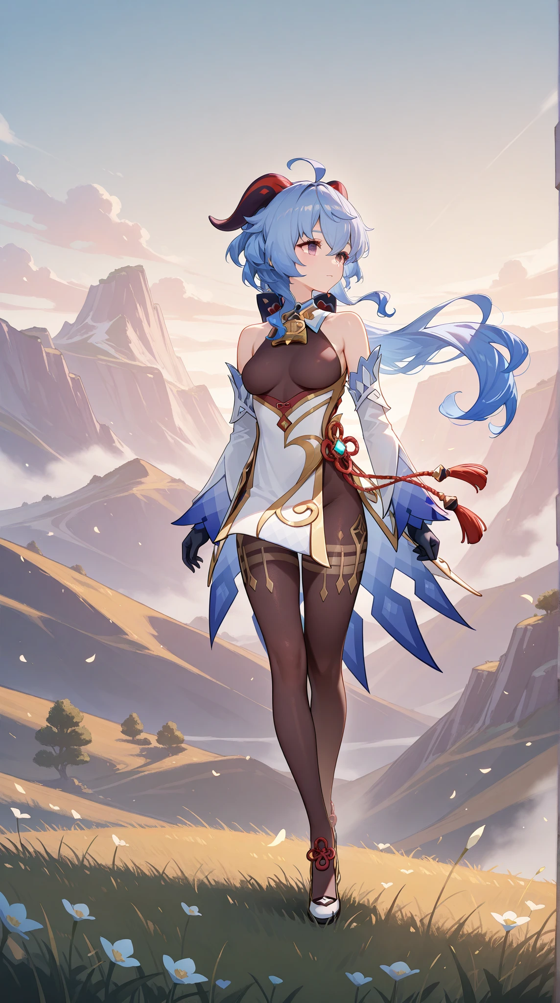 (photorealistic:1.4), (masterpiece, sidelighting, finely detailed beautiful eyes: 1.2), masterpiece*portrait, realistic, 3d face, ganyu \(genshin impact\), 1girl, ahoge, architecture, By bangs，Bare shoulders，Bell，black glove，Black tights，（blue  hair），Blushlush，Beautiful breasts，Chinese knot，the sleeve，flower knot，mitts，cow horn，long whitr hair，Look at the audience，huge tit，Neckbells，Bow and arrow in hand，Outdoors，grass field，run，Cocked buttocks