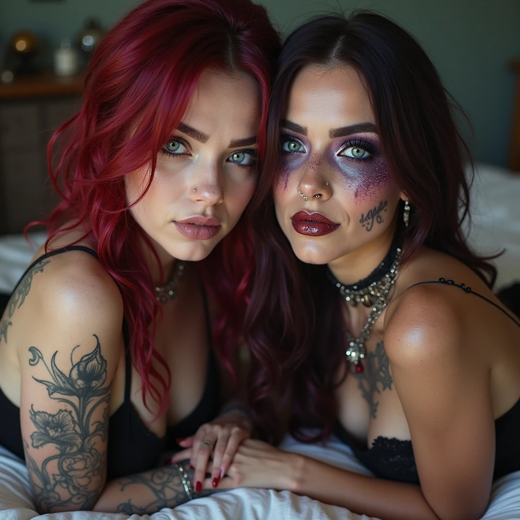 2 white tomboys european girls wearing stockings (1 ginger and 1 purple hair) showing the butt, medium Butterfly Cut hair, red hair, messy hair, big eyelashes, radiant smile, full body photo, 8k photo, tattoos, slim body, realistic,, arm full of tattoos, oiled up body, high details, cute face, teen girl, slander, best quality, photorealistic, topless, perfect eyes, tomboy, freckles, fringes, at the Champs-Élysées, tomboy, bow tie, distant focus, no chest, red lipsticks, red lips. naked, feeling pleasure, perfect crystal blue eyes , separated bodies, nude, show the butt,