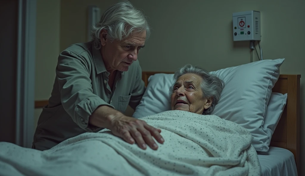 I would like to create a scene where they are in the hospital, a worn-out woman is on a hospital gurney and a dwarf old man is talking to her, the old man is bald., that it is like a not so elaborate sketch