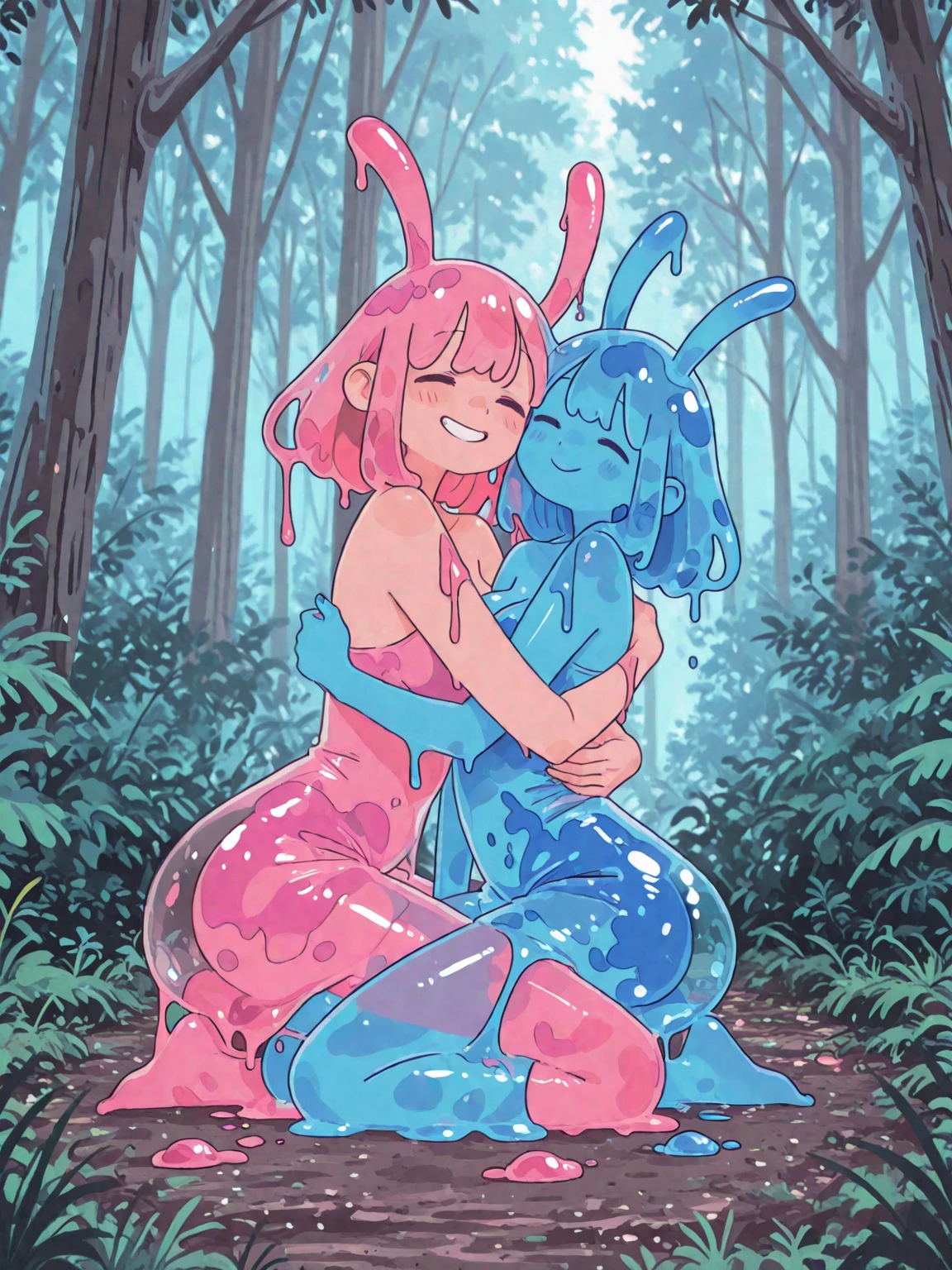 (masterpiece), (best quality), (high res), (perfect anatomy) (perfect face, (Female slime), (slime girl), teenager, (((transparent))), (gooey), (blue slime skin), (((glowing white irises))), (blue short shoulder length slime hair), wide hips, thick thighs, narrow waist, huge breasts, (forest), (night) ((transparent body)), smiling, ((slime)) ((blue slime body)), (sex) (kissing) (French kiss), (kissing each other), penetration, getting fucked, ((cum on face)), ((cum on mouth)), ((cum on body)), ((full of cum)), (((cum everywhere))), drowning in cum, used, ((((orgy)))), left in the ground full of cum, cum leaking everywhere, showered in cum