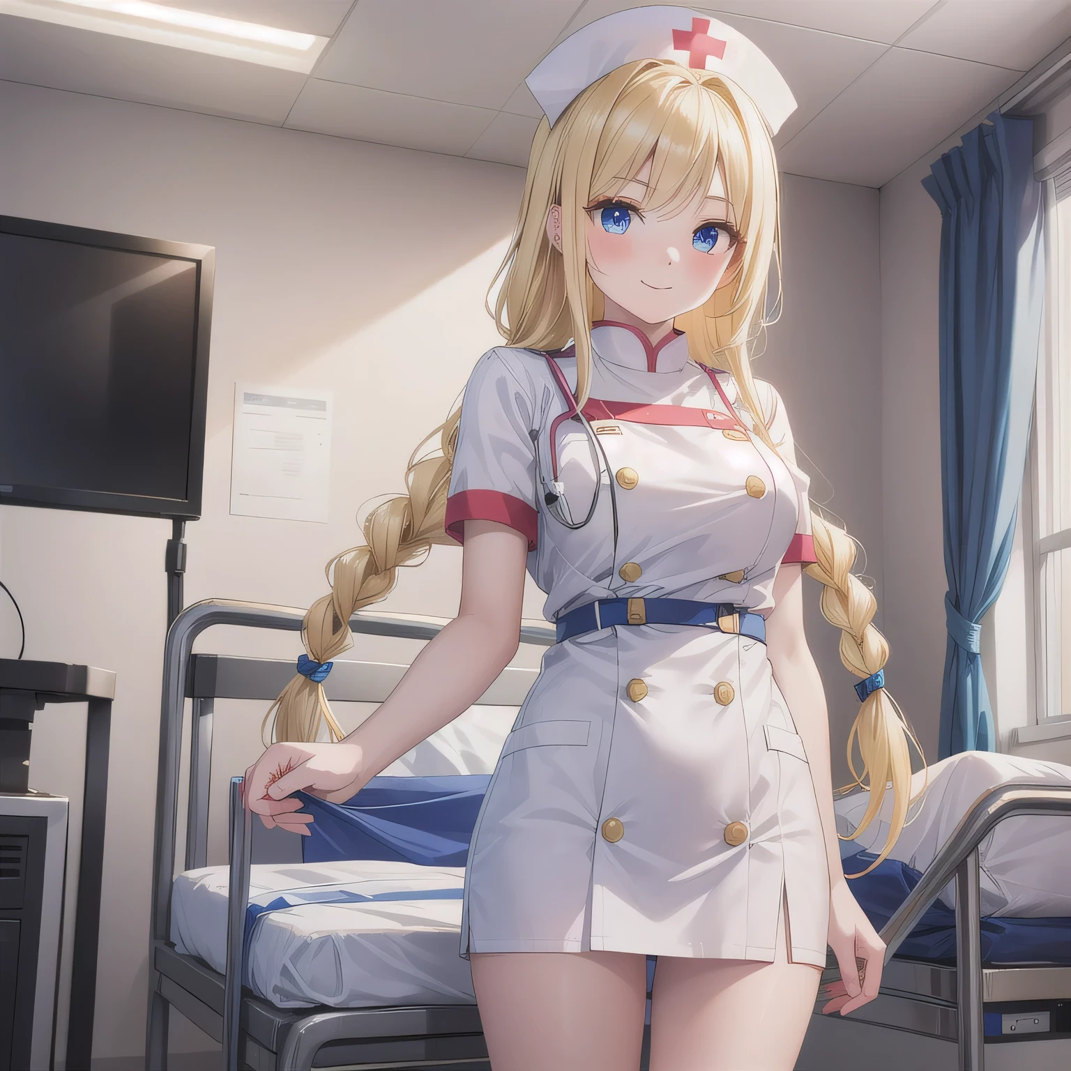 a sexy nurse girl, long blonde straight hair, blue eyes, beautiful eyes, blush on make up, open mouth, pleasure expression, long eyelashes, white-blue colored high waist one-piece con dress nurse uniform, (camouflage uniform), stockings, garter belt, big breasts, blushing, smiling, (high quality), (best quality), (full body camera shot), sexy lips, cleavage, big hips, sexy thighs