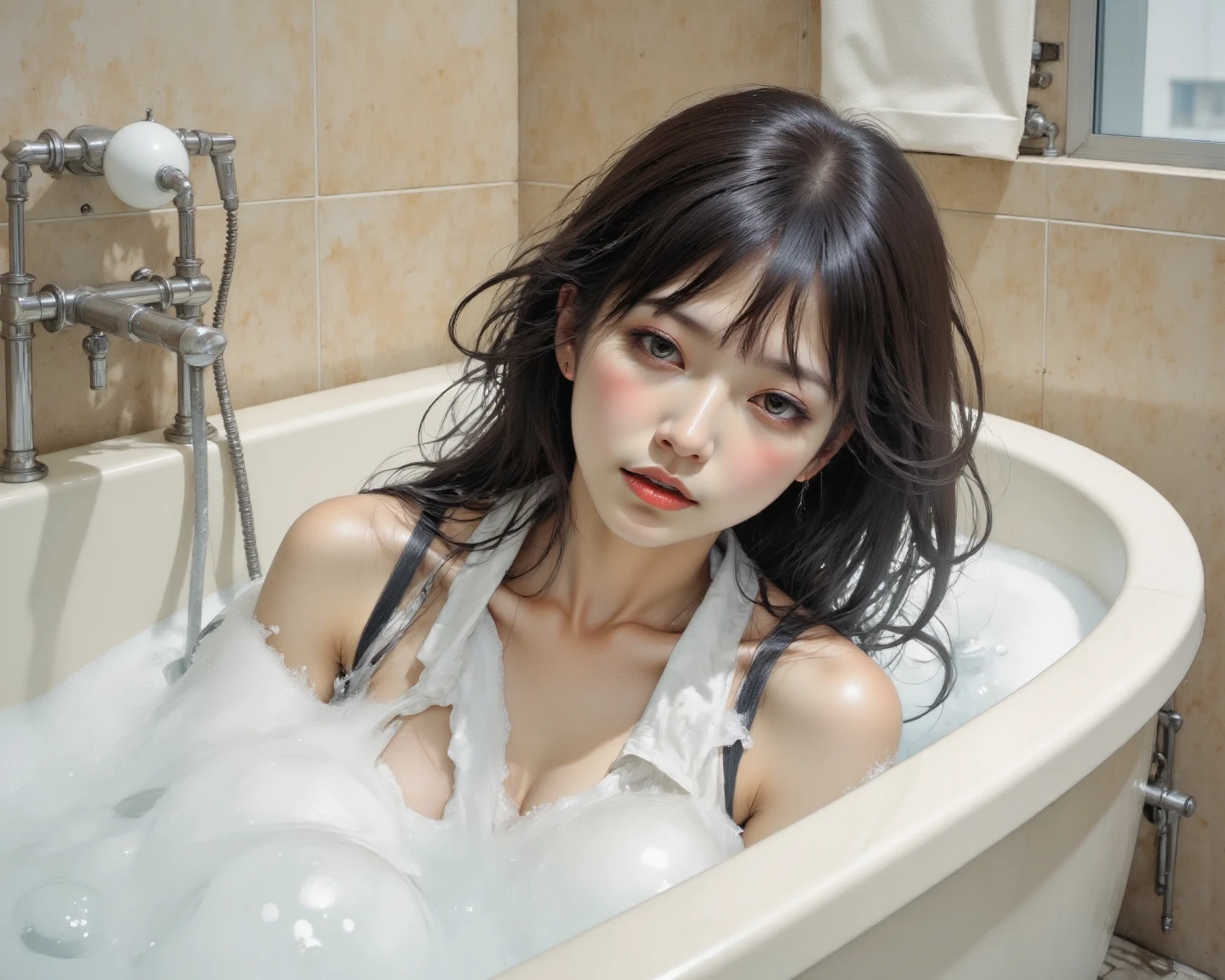 rinko_iori, 30 year old woman, mature female, purple hair, beauty, beautiful woman, perfect body, perfect breasts, using a towel, towel, white towel, in the bathroom, bathtub, shower, looking at the viewer, realism, a slight smile , masterpiece, leather textured, super detailed, high detail, high quality, best quality, 1080p, 16k