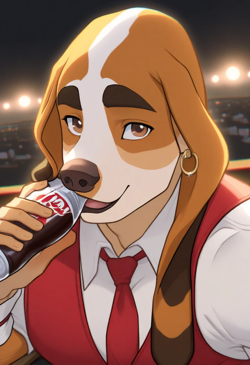  PhanPhan_(years), Alone, Beagle, brown eyes, joyería, earrings,  smile, cola, hairy,  toned man , Muscular, facial focus, portrait, red vest, red tie, Wrist cuff, stage, strip club, Focus, MASTERPIECE of Rest, armor, INCREDIBLE QUALITY, very aesthetic, High resolution, 4k, extremely-decoladed, depth of field, separate focus, The newest, landscape, decolaed fur, decoladed muscles , cinematic lighting, Pene semi erecto 