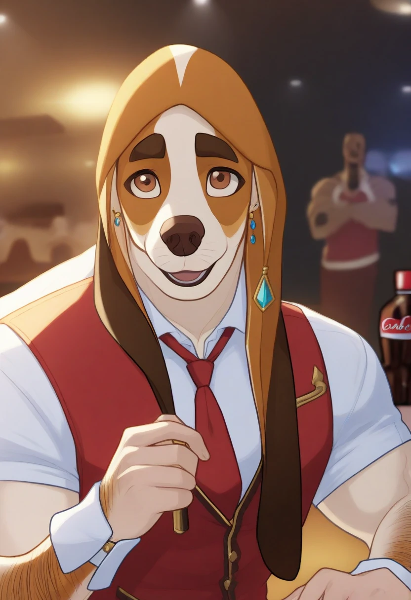  PhanPhan_(years), Alone, Beagle, brown eyes, joyería, earrings,  smile, cola, hairy,  toned man , Muscular, facial focus, portrait, red vest, red tie, Wrist cuff, stage, strip club, Focus, MASTERPIECE of Rest, armor, INCREDIBLE QUALITY, very aesthetic, High resolution, 4k, extremely-decoladed, depth of field, separate focus, The newest, landscape, decolaed fur, decoladed muscles , cinematic lighting, Pene semi erecto 