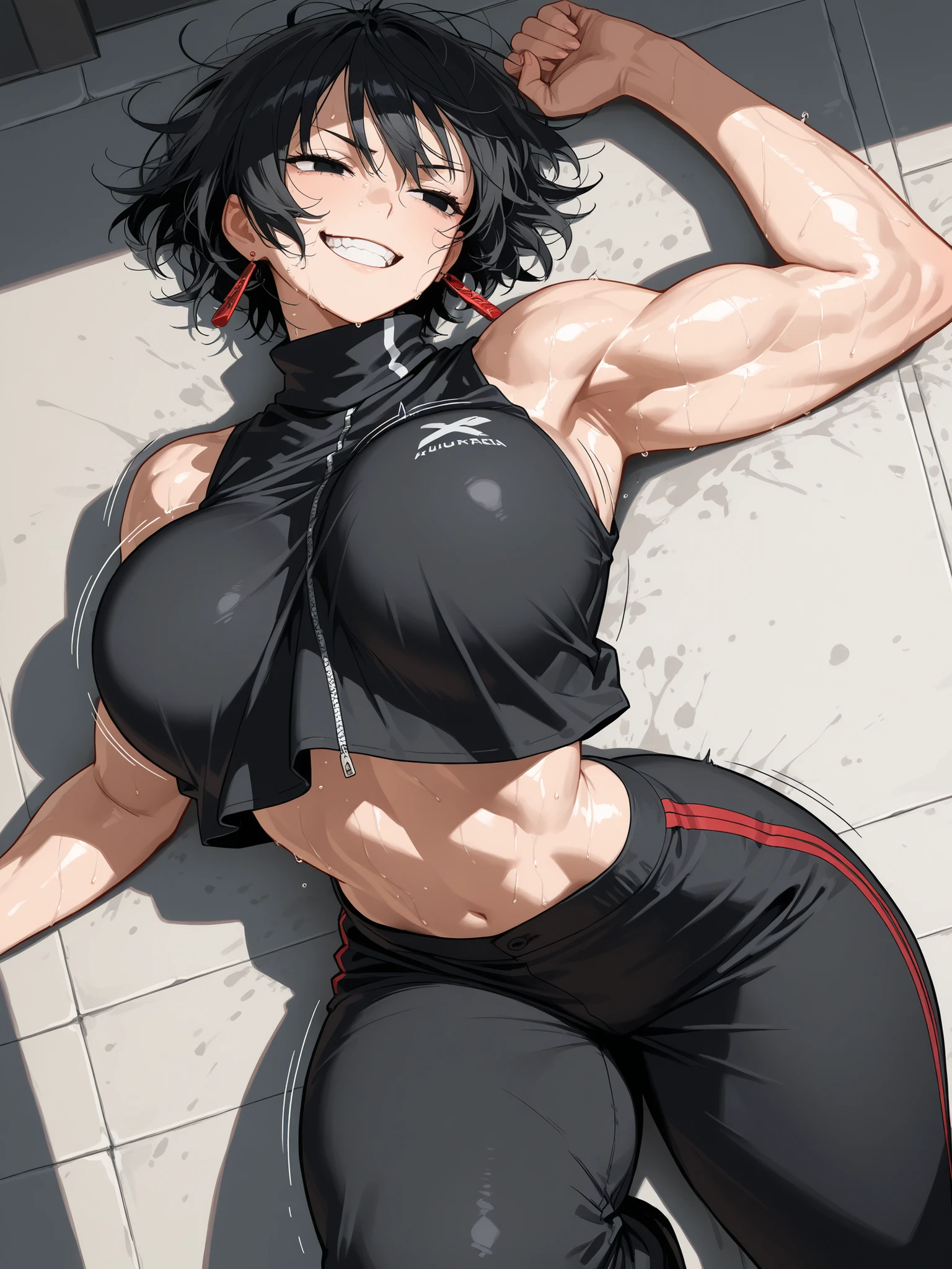 (masterpiece), best quality, extremely detailed), large breasts, bouncing breasts, arched back, thick thighs, muscular, big shoulders, big arms, 1girl, Hiyuki Kagari (Kagurabachi), black hair, messy hair, short hair, black eyes, grinning, teeth, lidded eyes, long red earrings, black sleeveless turtleneck, crop top overhang, asymmetrical zipper, black trousers, laying on back, fighting stance, aggressive, sweaty, dripping, energetic, motion smears, cinematic angle, from above