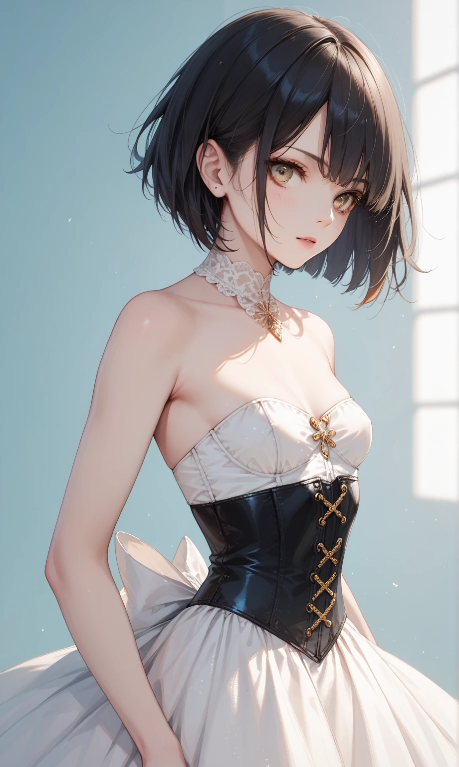 (masterpiece, best quality), 1girl, Medium gray Comb-Over with Fade, Size E breasts, Dark Violet Strapless corset top with lace-up details in the back. and High-waisted cargo shorts, thigh strap, Posing with one hand on hip and the other arm extended outward.