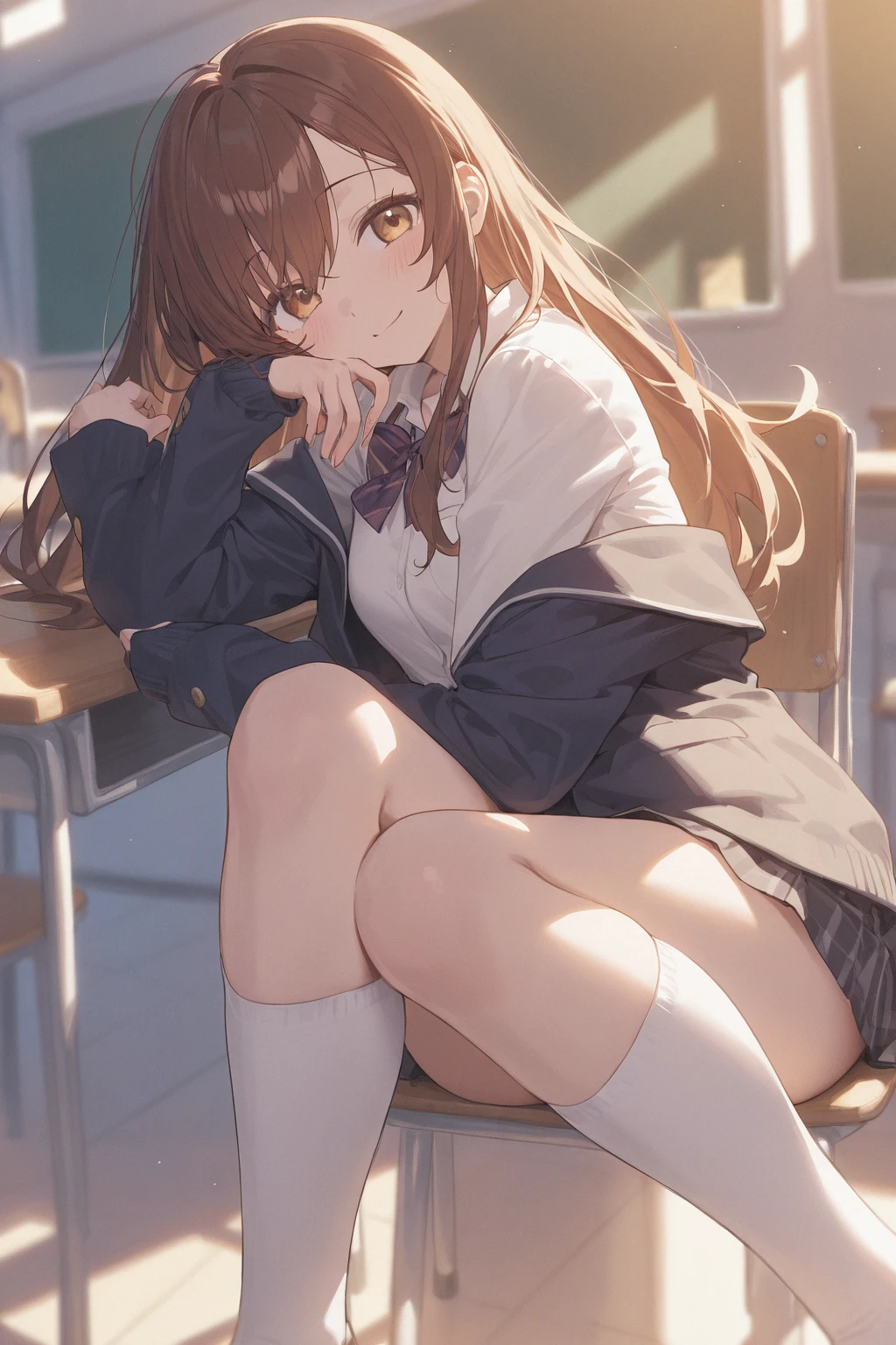 mature-looking Japanese high school girl, alone, slender legs, full body figure from head to toe, sitting, M-shaped legs spread, small breasts, (black pantyhose): 1.2), white panties visible through stockings, Very beautiful 17 year old girl, no shoes, shy big eyes, (short brown hairy parts), (bangs), messy hair, (hair clip), pale blush, solo, looking at viewer , show white panties, show underwear, panties, spread legs, high school uniform blazer, high school uniform white blouse, high school uniform blue ribbon, high school uniform plaid and navy blue pleated skirt