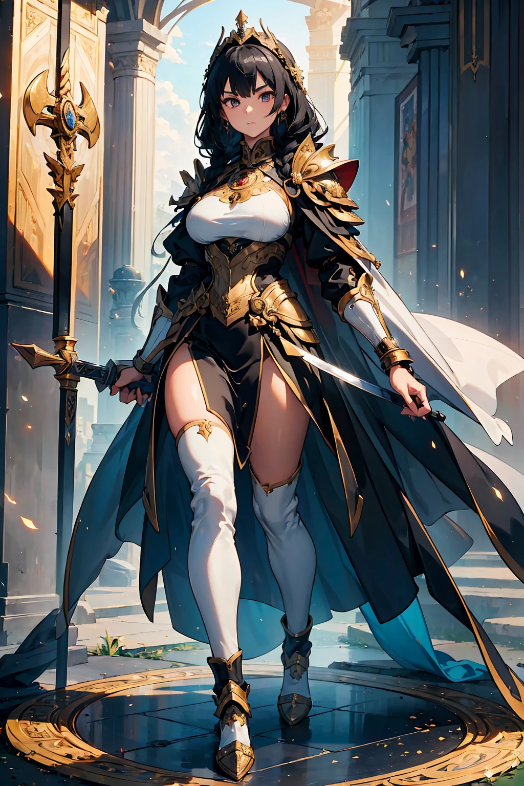 （The highest image quality），（very detailed descriptions），1 mature female，Big Holy Sword，Holy Knight Standing on a Beautiful Meadow，Scepter in hand，（full body red armor），（Very perfect body structure），（Highly detailed and perfect face depiction），（Highly detailed details of the face），Blue Starry Sky，（Very large moon close-up），Moonlight shines through the clouds，As estrelas（glitters），garments（bling bling）， (The image is surrounded by a tarot card style border:1.5)，（tmasterpiece），（Great results），（8k wallpaper），（best pictures），myth，Fantasy Theme，Ultra-realistic realism，realisticlying,Mature female holy knight in red armor,Beautiful holy armor,Golden decoration,