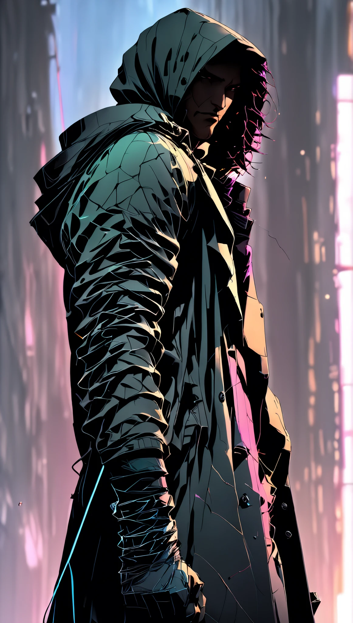 wide and far shot, ((a man in a black hooded trench coat, return to camera:1.5)), standing on rainy street, looking at a futuristic city at night, a dark cityscape with neon lights (Best Quality, 4k, 8k , high resolution, Masterpiece: 1.2), ultra detailed (realist, photorealist, photorealist: 1.37), cinematic lighting, dramatic shadows, moody atmosphere, intricate details, Bright city lights, advanced technology, Retro-futuristic architecture, dynamic pose, hood that casts shadows on the face, intense look