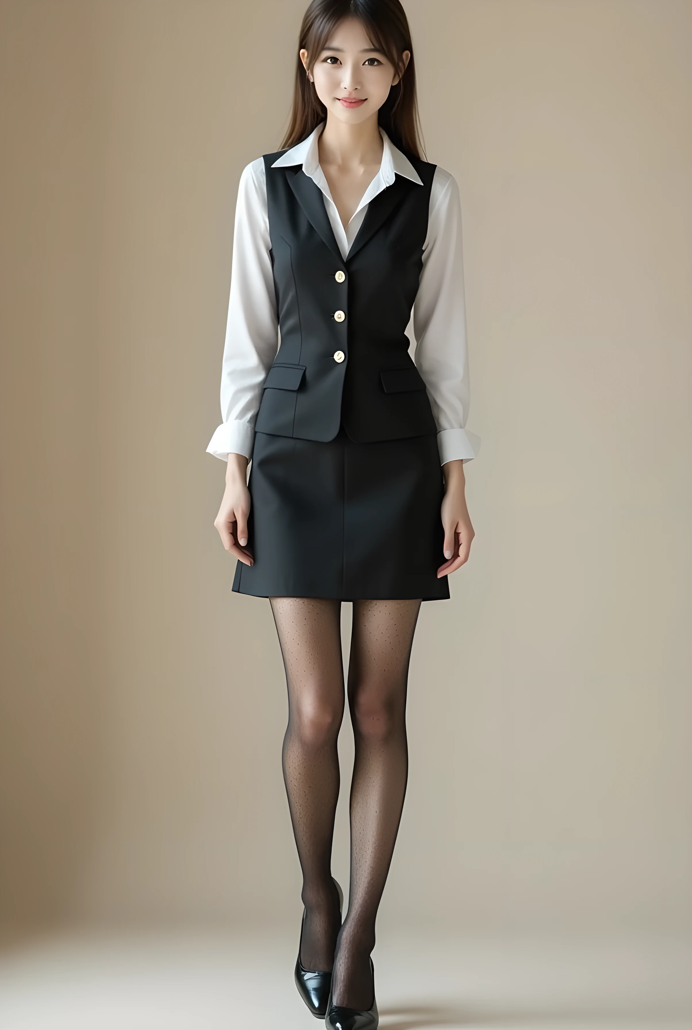 ulzzang-6500-v1.1, (RAW photo:1.2), (Photoreal), (pieces fly), (genuine:1.4), 1girl、perfect anatomy、28 years old、look at the camera、medium long hair、plaid vest、((Are standing:1.3))、(super realistic pantyhose:1.2), (high heels)、(business services)、