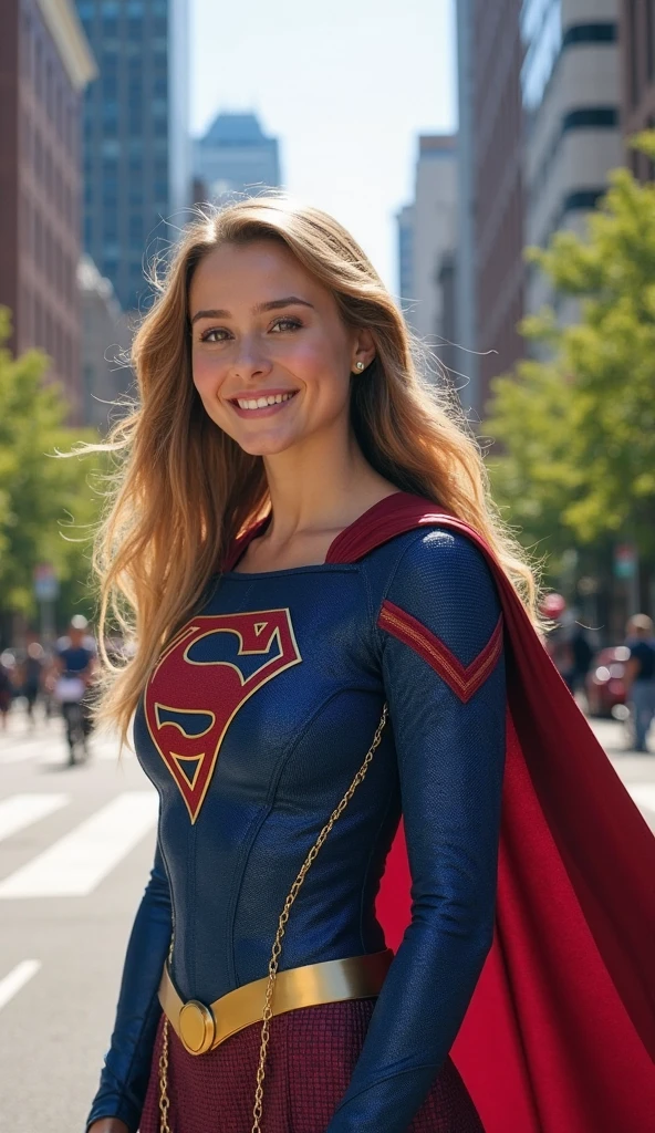 An incredibly beautiful and realistic model, with fair skin, long blonde hair and piercing blue eyes, showing a pretentious smile. She is standing full length, She is dressed as Supergirl, dynamic possession for a photo in an urban setting. The image, perhaps a photograph, captures her in vivid detail, showing her elegance and confidence. Every aspect of her appearance is carefully crafted, from her flowing hair to the vibrant colors of her costume, making this a truly remarkable and high-quality depiction.