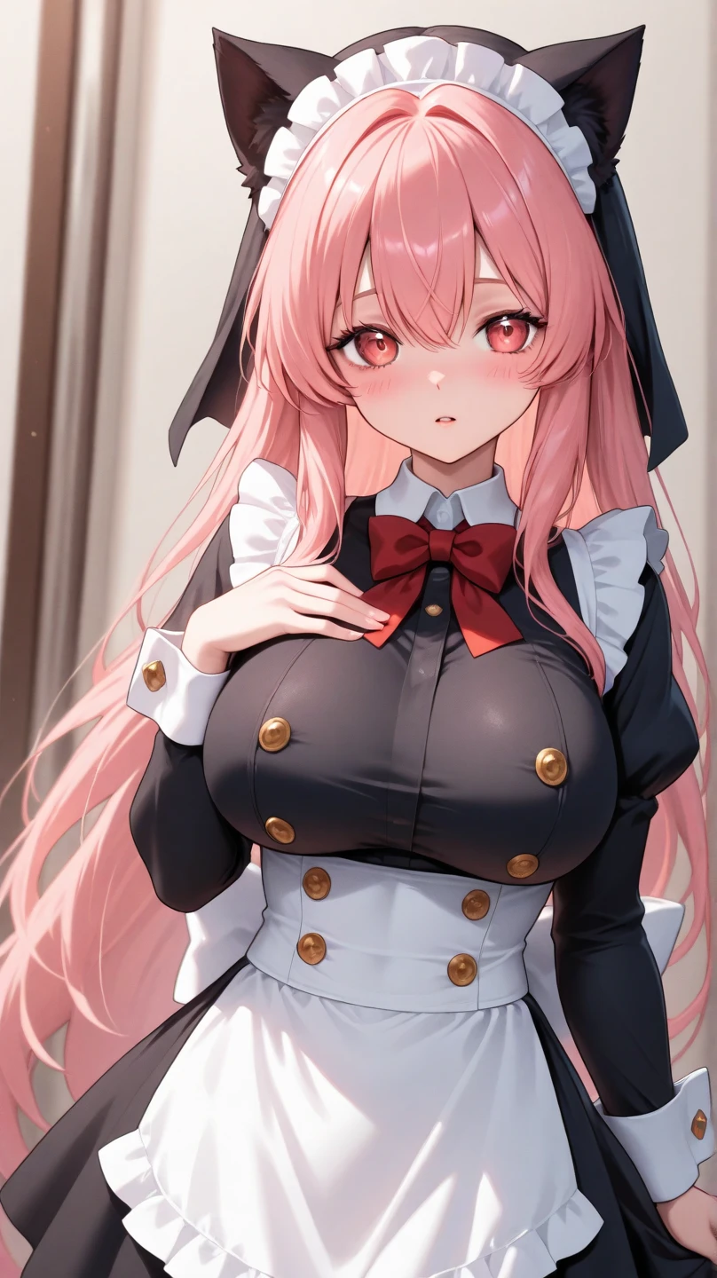 ((mature adult tall woman, mature_face)), (glowing green eyes), aqua cat ears, (super narrow waist), gradient (pink hair), large breasts, large areolae, (oily skin) ,
(highres), (absurdres), (best quality), (high quality), (masterpiece), 1girl, asuna, blue eyes, long hair, halo, hair over one eye, very long hair, light pink hair, (large breasts), hair ribbon, maid, maid headdress, apron, frills, frilled apron, puffy sleeves, short sleeves, white gloves, tight white thighhighs, arms behind back, looking at viewer, skindentation, sexy, blush