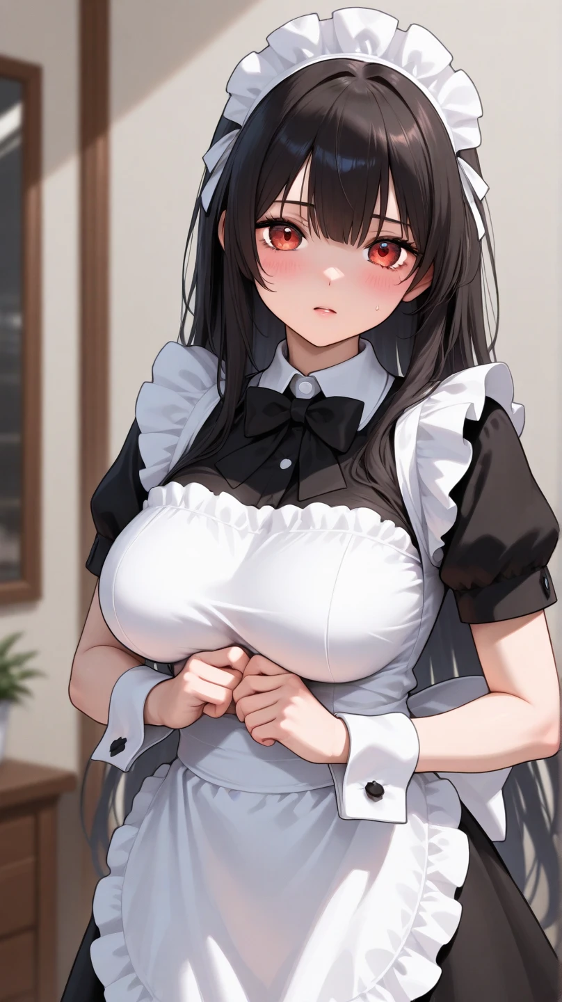 Highest quality, High resolution,8k, One girl、On the sofa、((The girl is having sex in a standing position)),Boobs shaking violently up and down、A large amount of semen is applied、Ecstatic face(Worried brow)、Climax、Sweat(1.9)、steam、Black Hair(ponytail), Big eyes、Red eyes, Long Hair, Mole under eye, Huge breasts(1.9), bangs, Cleavage, clavicle,Big Butt, indoor, Blue Archive(anime、Hasumi Hakawa、Black knee-high stockings、garter belt、Black gloves、Maid Headband、(See-through(1.9))(Exposed nipples))、{Angle showing head from directly below} One Black Man,Big Penis,(The man is having sex with the girl from behind, thrusting her up)