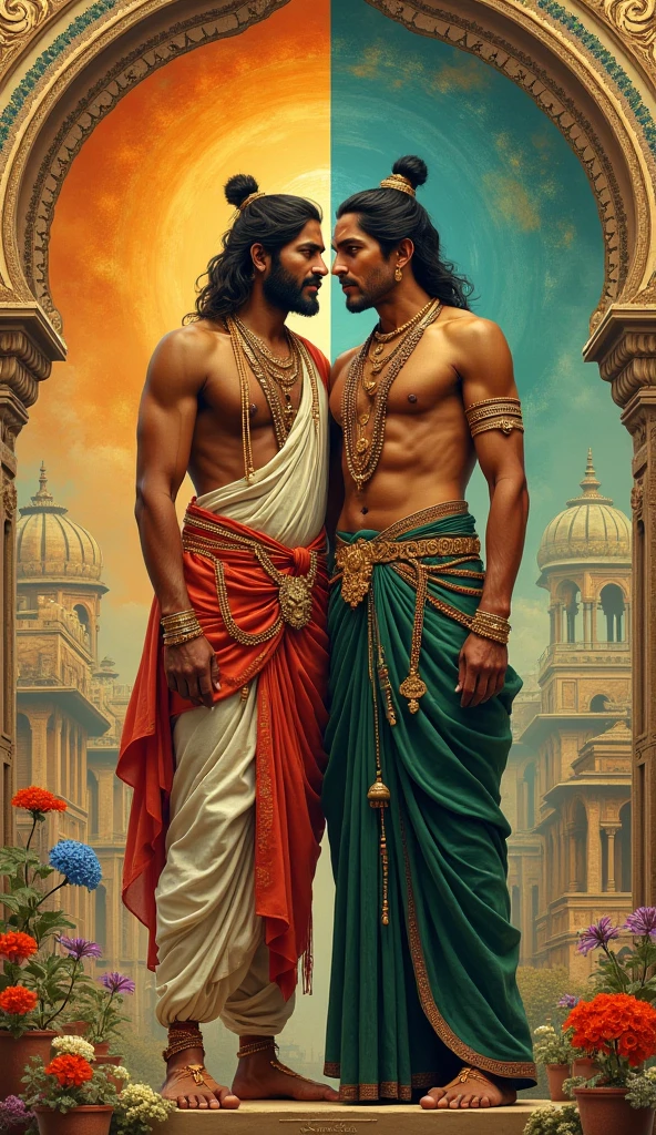 Lord shri ram, a young hindu Indian clean shaved boy wearing orange dhoti, long hair, smile on face, having bow and arrow, very realistic and handsome, near the golden fort, muscular body, tilak on forehead, ,