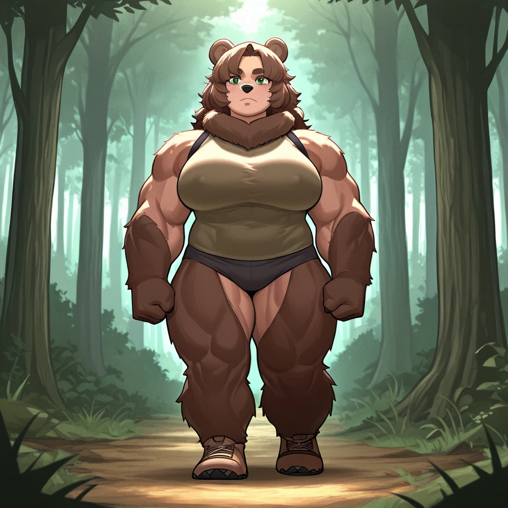 (masterpiece), (best quality),Woman ((anthro)) , (bear girl),1girl,solo,volumetric lighting,red lighting, (soft cinematic light:1.1),mature female, (dark gold bikini), (angry),(grind teeth),perfect eyes,eyeshadow, sweat, huge breasts,huge ass,burly girl, brawny girl,standing, standing squatting ,sexy pose,In the forest, full body, slim waist,dr comet,pochincoff,Pixelsketcher, (mayosplash), (wamudrawasterpiece),cutesexyrobutts, hioshiru,kingbang,shiny skin, fluffy hips,  (detailed brown fur:1.3), (massive muscles),caged,chained,chain collar,