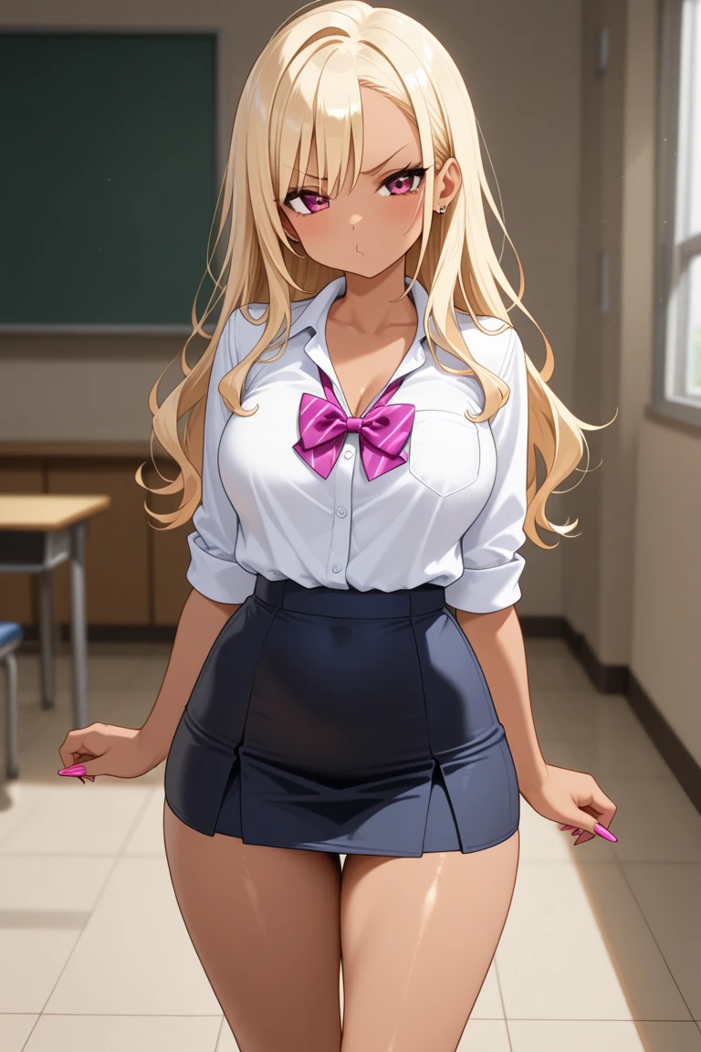 (High quality, High resolution, Fine details), evening sun, blouse, necktie, Skirts, (skirt lift front), (Panty Shot), pink underwear, Standing, solo, curvy adult women, Blond hair, sparkling eyes, (Detailed eyes:1.2), grin, blush, Sweat, Dark Skin, Oily skin, Soft tones, shallow depth of field