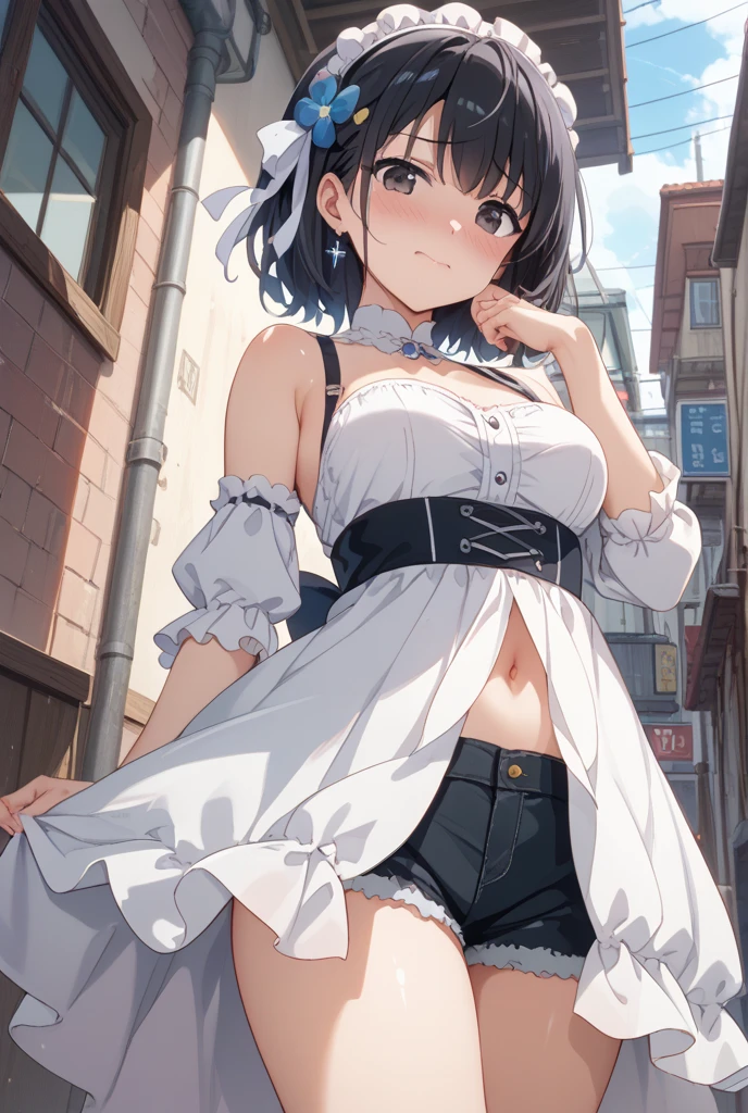 masterpiece, Highest quality, High resolution, Very detailed,(((Mikoto Naruka))), (((electric wire)))、(((smile)))、(((Standing in the distance))), (((White Lingerie))), Electric pole, Pool,