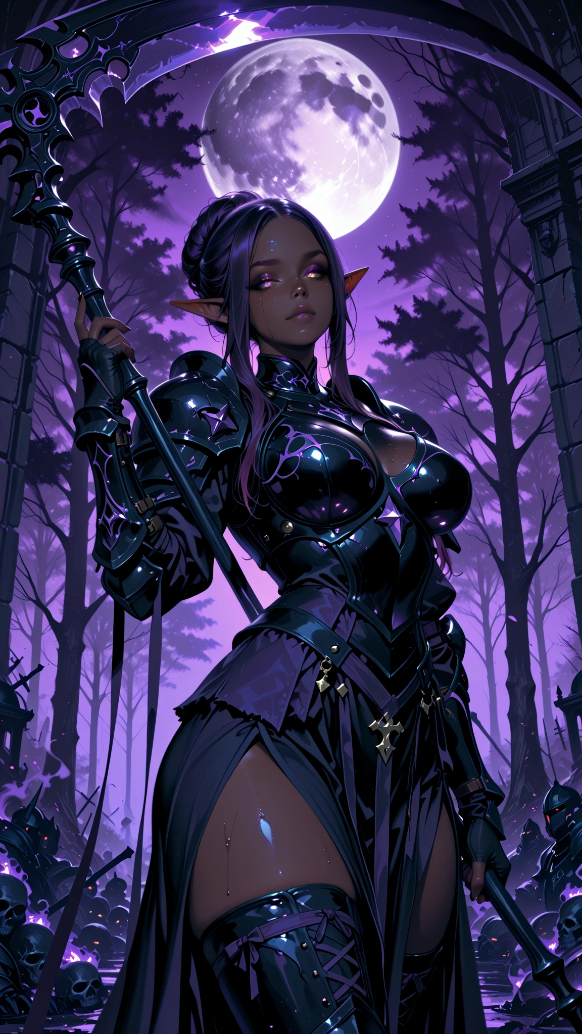 A wasit up solo portrait, Masterpiece Quality, complex details, close-up shot, color-defused, of a sexy dark-skinned African-american woman, with long dark black hair, dreadlocks, braids, purple glowing eyes, long pointed ears, and a long skinned tail, lust demon, sorceress, villain, demoness, eerie, hot