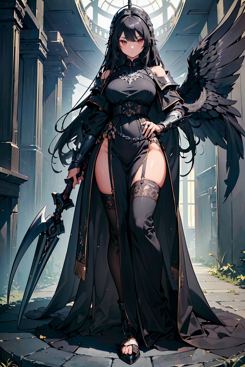 (very detailed 8k wallpaper), full body photo of a female witch mage, devil figure, giant breasts, thick and big thighs, sports star body, waist like a Spanish guitar,holding a mace with skull in left hand, a shield in right hand, 2 wings, complex, high detail, dramatic