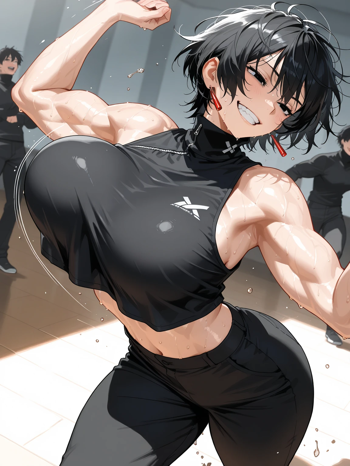 (Perfect body),Best Quality,(8K Portrait),(Official art)、(NSFW)、(((muscular)))、(glares)、embarrassed from、1girl in,(:o)、21 year old girl, (((thick thighs)))、(((blush))),(Sweat),((((large udder))))、(big butts)、(Dark hair),((bob cuts)),Short hair, (Yellow eyes),(((Gray sports bra)))、(Gray sports panties)、Black knee socks、((hands tied up))、(Armpits)、(((spreading legs)))、Cuffed、(Dark concrete room)、natta、is standing