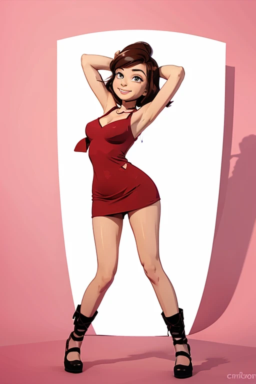 score_9, score_8_up, score_7_up, 1girl, solo, 24yo girl, Lola Loud, blonde hair, two hair bun, black eyes, looking at viewer, in a training room, Pink cheongsam, large breasts, sexy, full body view, lifting one leg, pink underwear, wear high heels, tiara