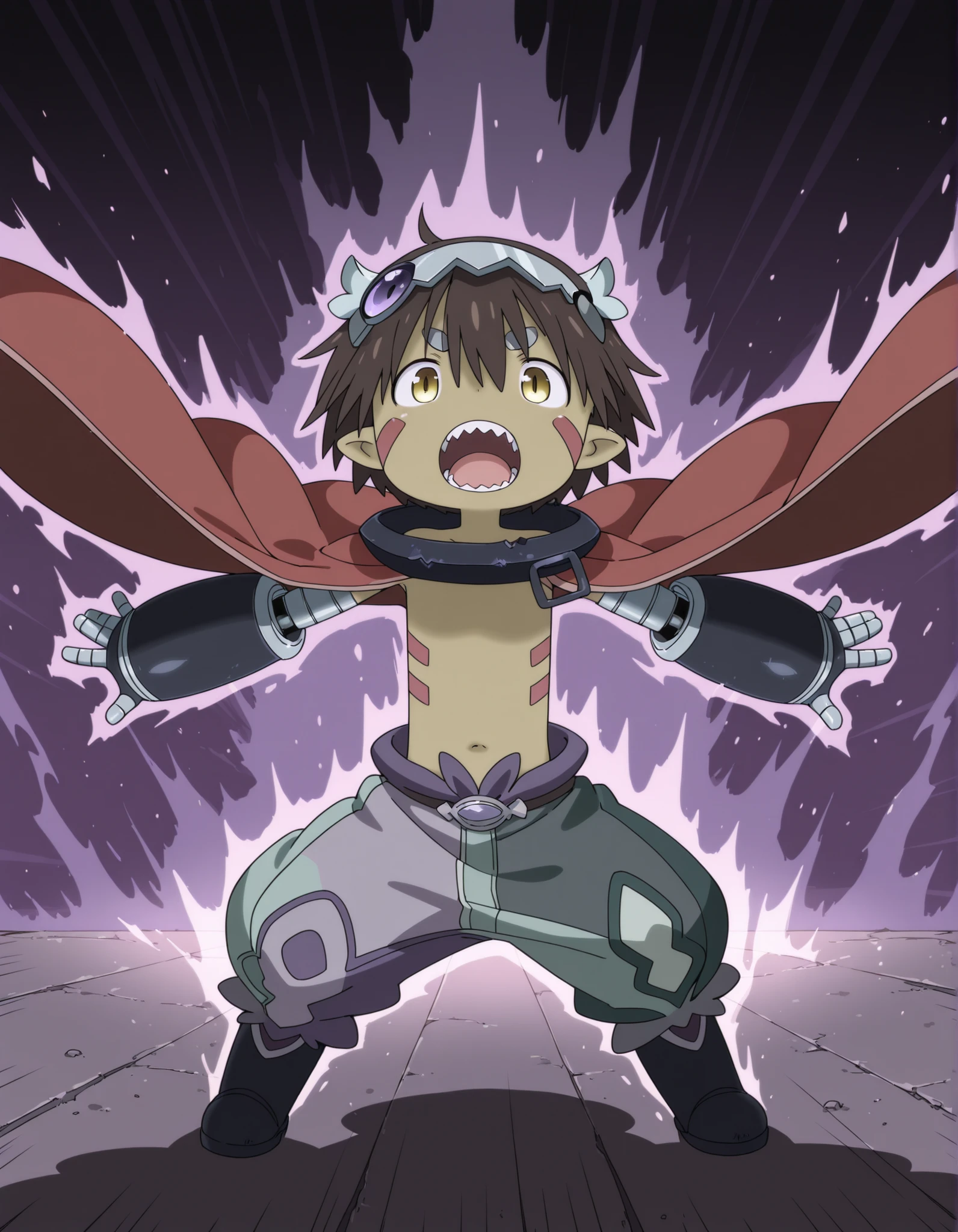 miabyss,, made in abyss,, masterpiece, best quality, amazing quality, regu \(made in abyss\), dark-skinned male, shadow covered body, brown hair, shadow eyes, (shadow obscured eyes), facial marks, pointy ears, mechanical arms, metal collar, cape, xdive, android, robot ears, bodysuit, looking at viewer, feral expression, extended arms, dark aura, shadow aura, roaring, sharp teeth, tethered arms, solo