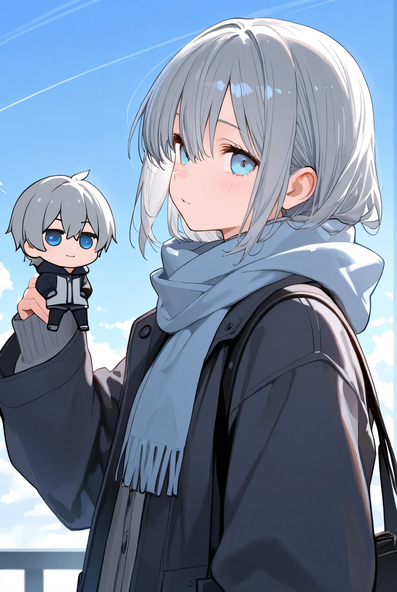 Mini-character with gray hair and sky blue eyes