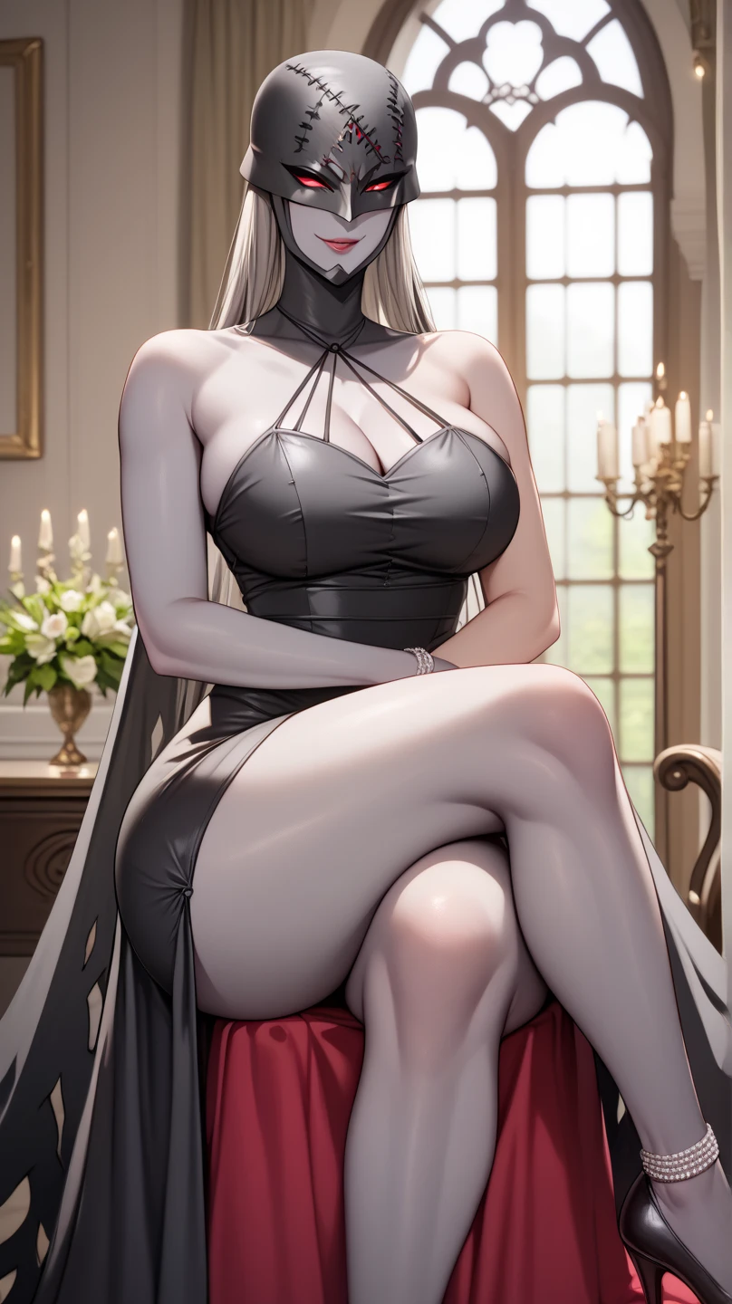 masterpiece, extra limbs, 1vampire lady, 250 years old,((light silver extra long hair)), slant blank ruby red eyes, big breasts, curvy,(pale white finely detailed skin), (serious),(((clothed elegant dress))),hair ornaments,earrings,cape,Grimoire,crossed legs,sitting on throne,old castle,midnight
