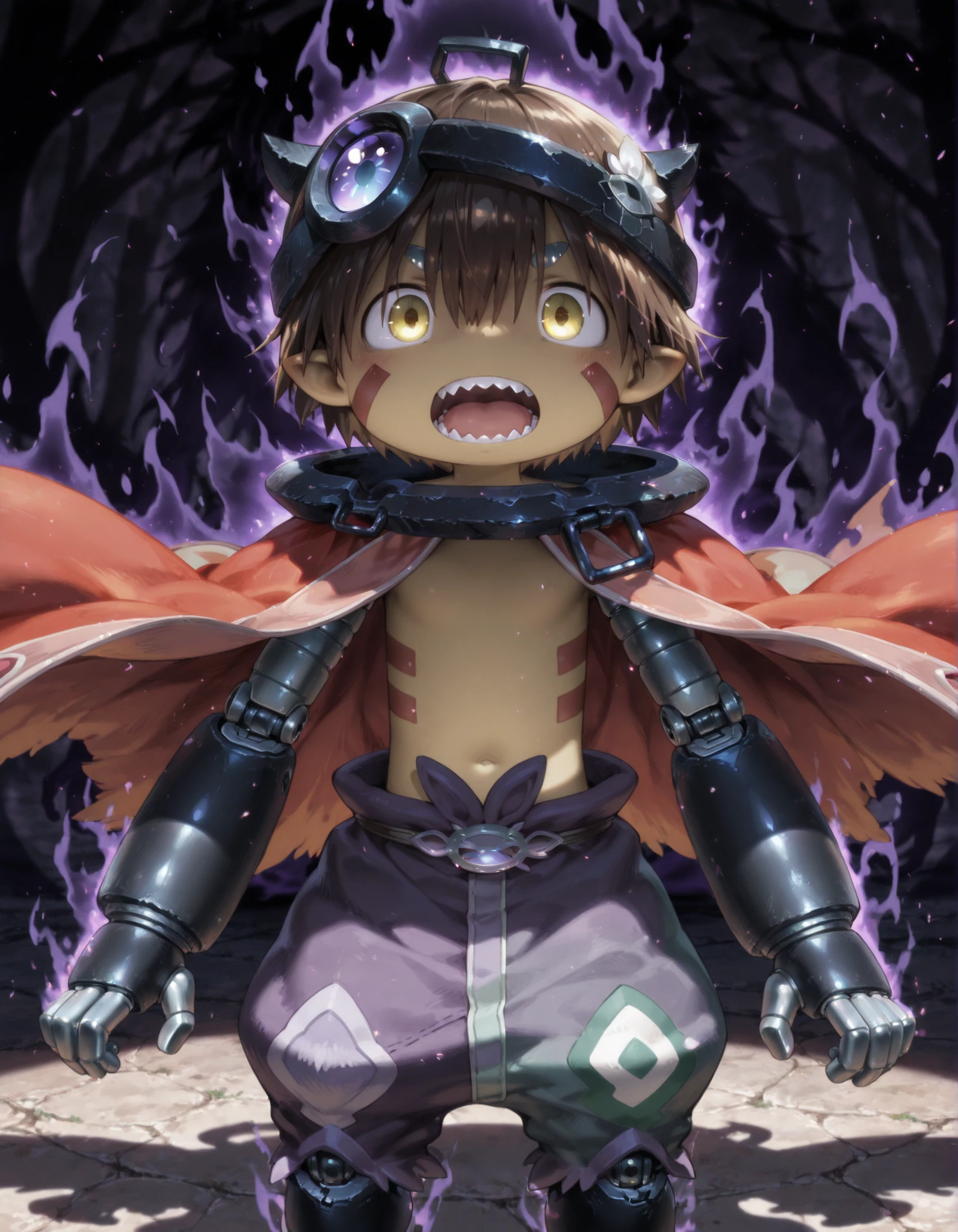 miabyss,, made in abyss,, masterpiece, best quality, amazing quality, regu \(made in abyss\), dark-skinned male, shadow covered body, brown hair, shadow eyes, (shadow obscured eyes), facial marks, pointy ears, mechanical arms, metal collar, cape, xdive, android, robot ears, bodysuit, looking at viewer, feral expression, extended arms, dark aura, shadow aura, roaring, sharp teeth, tethered arms, solo
