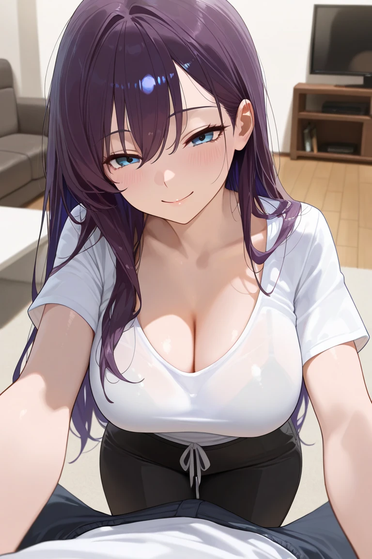 ((masterpiece)),(best quality),official art,extremely detailed CG,unity 8k wallpaper,ultra detailed,beautiful detailed eyes,extremely detailed face,indoors,1girl,solo,upper body,(portrait:1.5),looking at viewer,facing viewer,smile,Amano Saya,short hair,blue hair,shiny hair,hair intakes,hair between eyes,bangs,purple eyes,collarbone,jewelry,necklace,cleavage,collared shirt,dress shirt,white shirt,short sleeves,huge breasts,covered nipples,jeans,sneakers,<lora:Amano Saya(nnds)>,