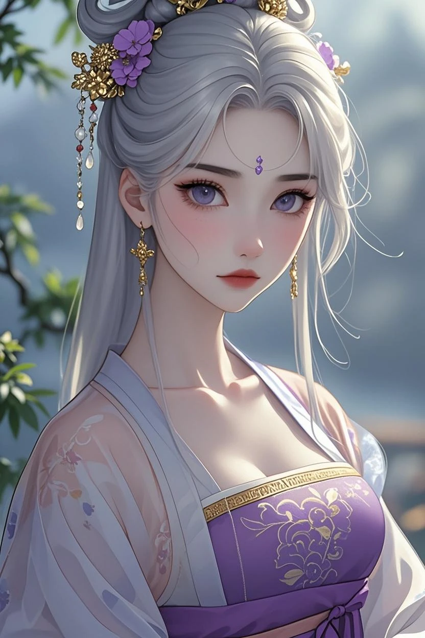 super high quality, masterpiece, Perfect illustration, Very detailed (Exquisite light and shadow, Very dramatic photo,Backlight) , ((Gray Hair:1.5))1 Girl,(( alone:1.6)), (Wearing Han clothes, Black and white Hanfu,Monotony,Long sleeve) (White smoke:1.3) (Realistic:1.4), Official Art, unity 8k wallpaper, Very detailed, Beautiful and beautiful, masterpiece, Highest quality, (Dynamic Angle: 1.4), Glowing Skin, (Floating colorful flashes: 1) The most beautiful chaotic shapes, elegant, Brutalist Design, Bright colors, Romantic Depth of Field Exotic_dance, half_naked、Expose your shoulders、Ample breasts、Great cleavage、