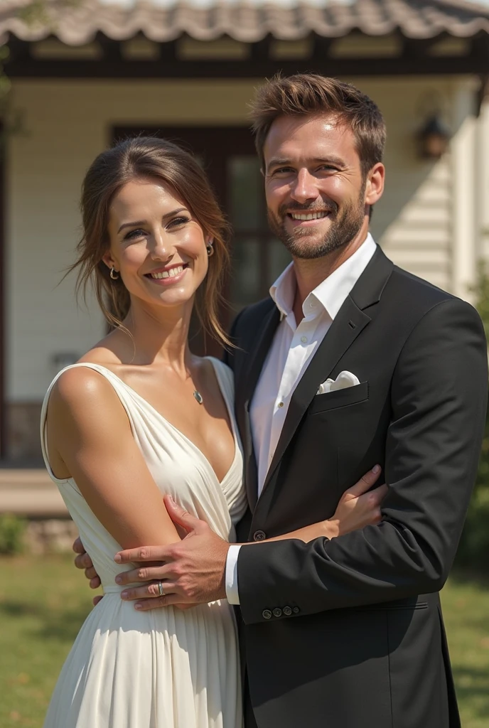 RAW photo, a portrait photo of 35 y.o white man and his gorgeous super model lovely wife, formal beach clothes, standing in front of his luxury boho Caribbean beach front infinity pool villa, natural skin, 8k uhd, high quality, film grain, Fujifilm XT3 ,beautiful symmetrical face, perfect sparkling eyes, well defined pupils, high contrast eyes, ultra detailed skin