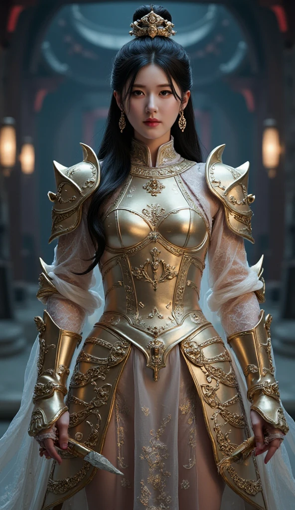 Ultimate beauty of a goddess, best looks, most beautiful body, white & goldingerie armor, wielding a sword (gothic style:1.2) . mysterious, haunting, dramatic, (minimal, ornate), aesthetic, eerily beautiful, dark surrealism, best quality