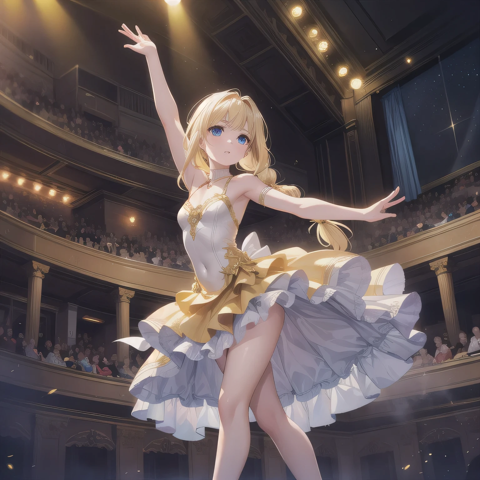 1girl,solo,blue eyes, white ballet costume, dance, grossy blonde hair, short bob, amber eyes, (on solo stage), dance Bolero, ballet performance, high quality, masterpiece, best quality, 8k, blue spotlight