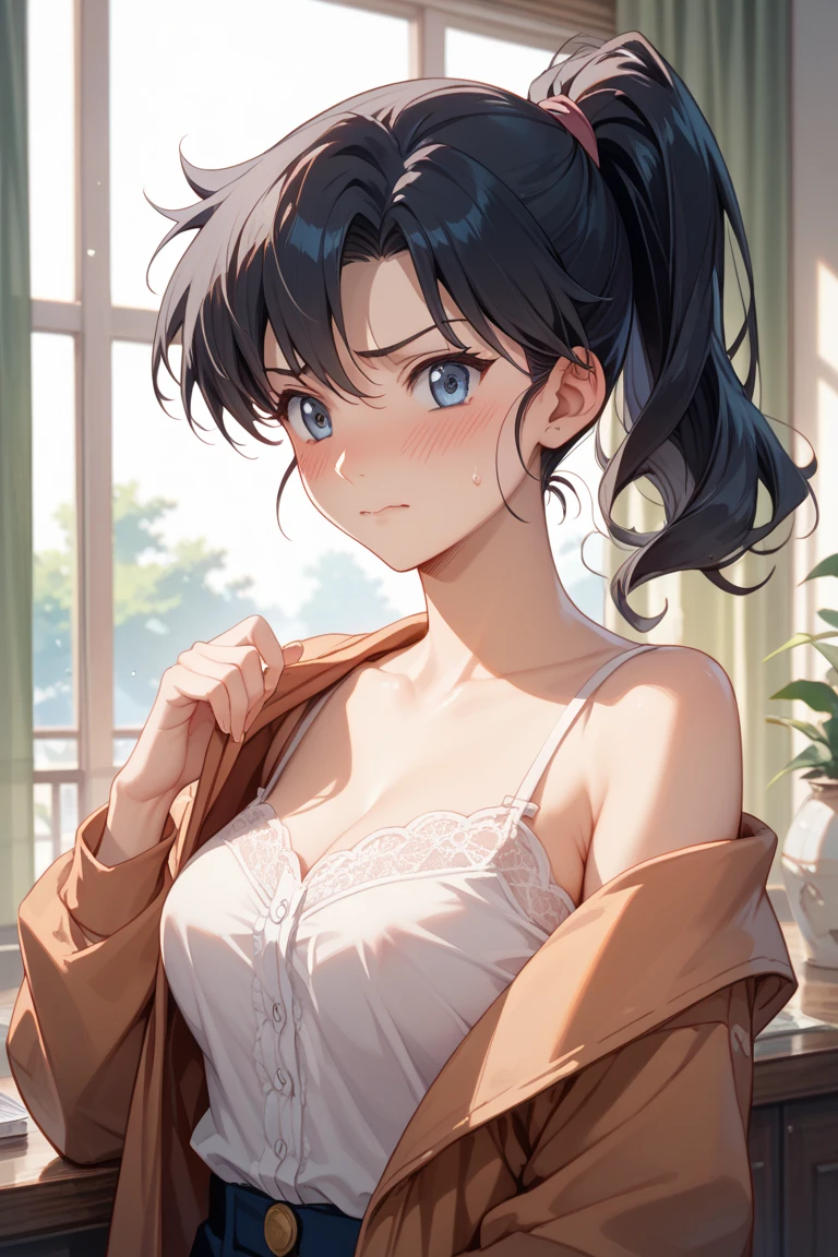 Best Quality, Ultra High Resolution, (Photorealistic: 1.4), Beautiful Eyes, Super Beautiful, Very Short Hair, Beautiful, Sweetheart, T-shirt with Rough Chest, Beautiful Soldier, Eyes That Invite Viewer, Lover's Perspective, Inviting Expression, Sexy Smile, Perfect Style, Perfect Balance, Detailed Skin, Naughty Gaze, Chest Visible