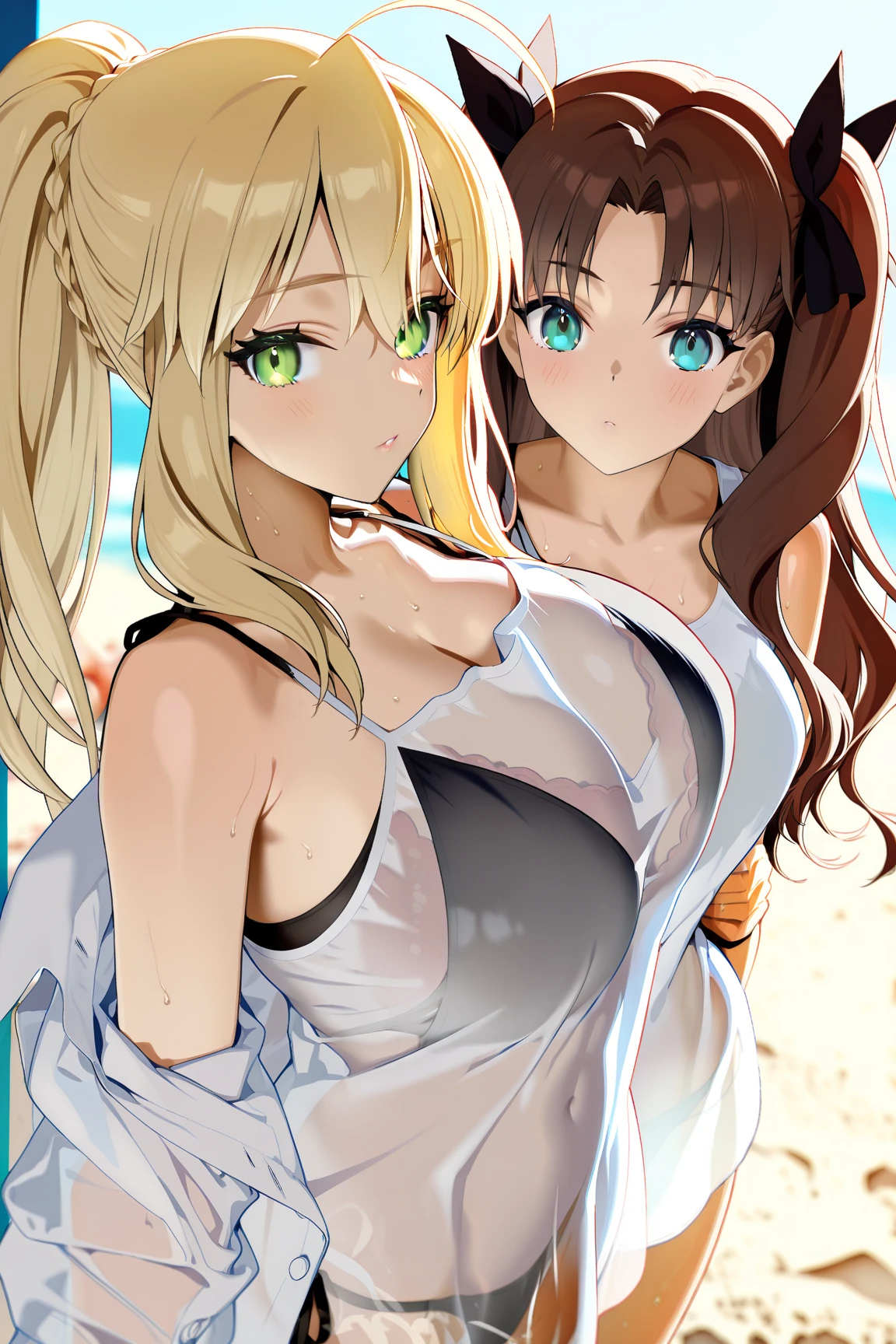 One mature woman with long blonde hair and large breasts.、1 male,Fresh face,Walking together、Dating at the beach、Two people walking hand-in-hand on the sandy beach、See each other、smile、Open your mouth a little、Summer landscape、Swimwear、Upper Body、blush、Shy、To intertwine each other's arms、
