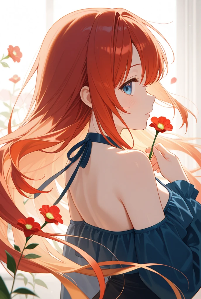 (masterpiece, best quality, highres), (1girl, mature female, red hair, long hair, blue eyes, black dress, medium breasts), (looking at viewer, blush, floating, upper body, looking back, sideboob), (light particles, petals, floating object, abstract, abstract background),