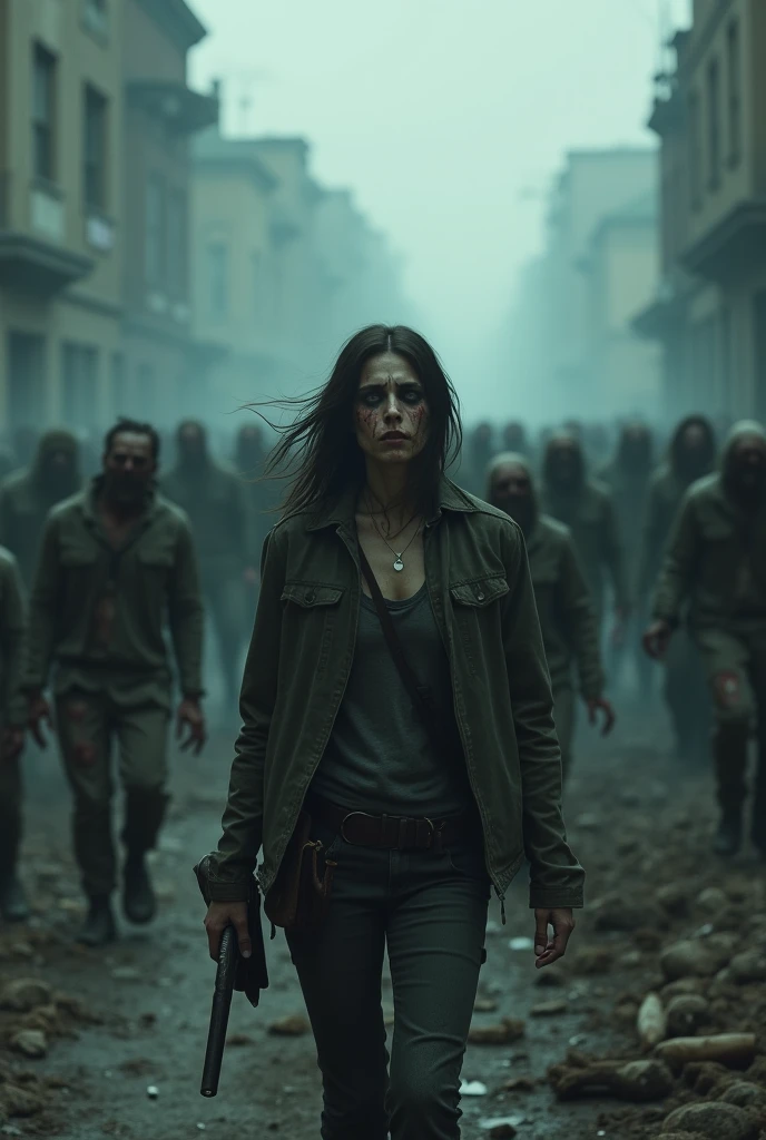 Abandoned buildings and streets full of zombies and a woman covered in blood killing zombies