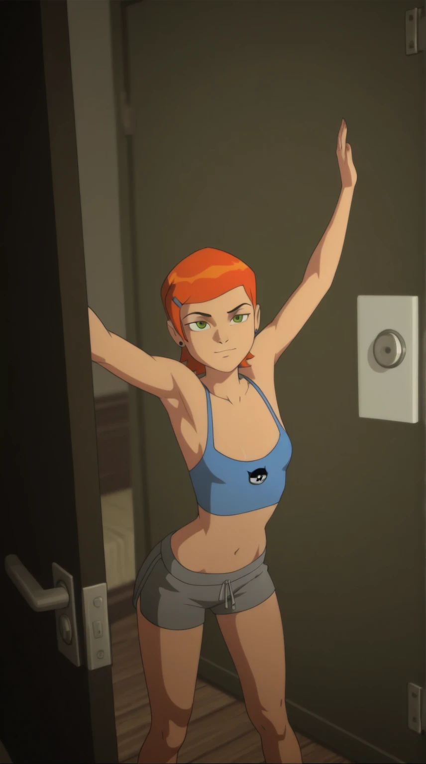 (image with two people) (masterpiece) High Resolution 8K HD Gwen Tennyson Short Orange Hair, Blue sleeveless shirt reaches to the navel, Below he is only wearing black underwear covered in sweat on a hot day. 2 person behind her an older man with skinny black hair is behind her holding her waist stage in a room. in detail